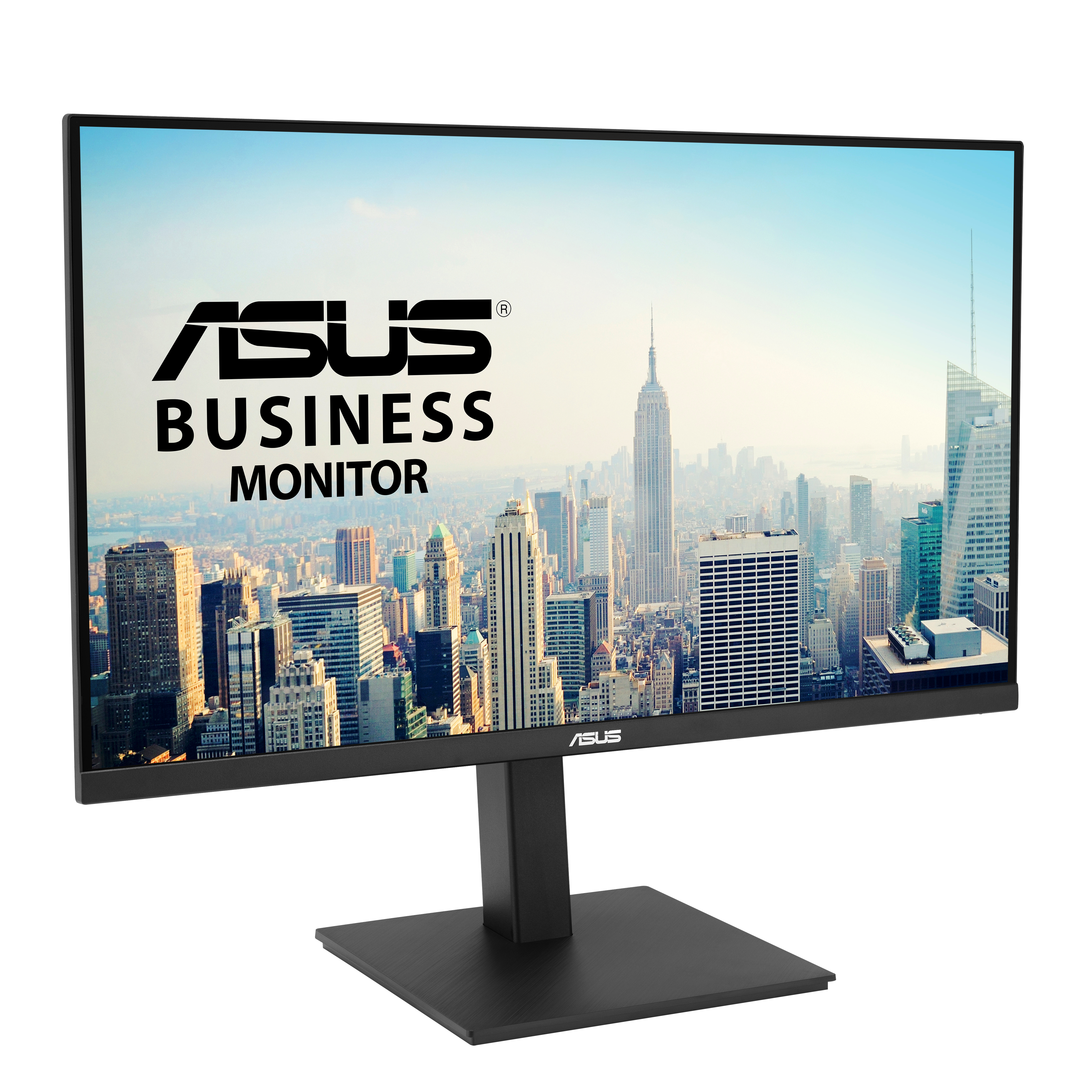 Monitor ASUS Business. Ekran wyświetla panoramę miasta. Monitor ma czarną podstawę i ramkę.