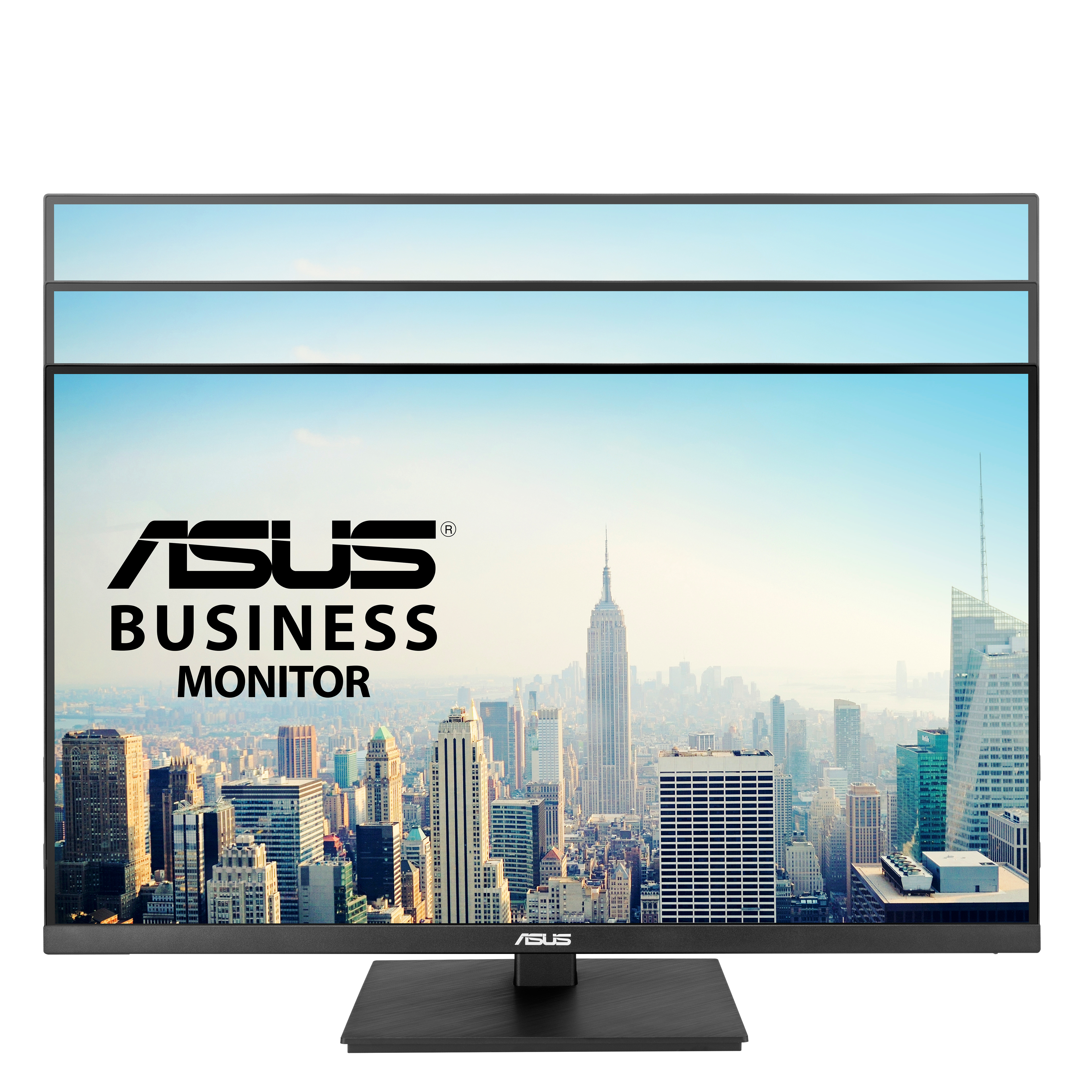 Monitor komputerowy z napisem "ASUS BUSINESS MONITOR" i tłem w postaci krajobrazu miejskiego.