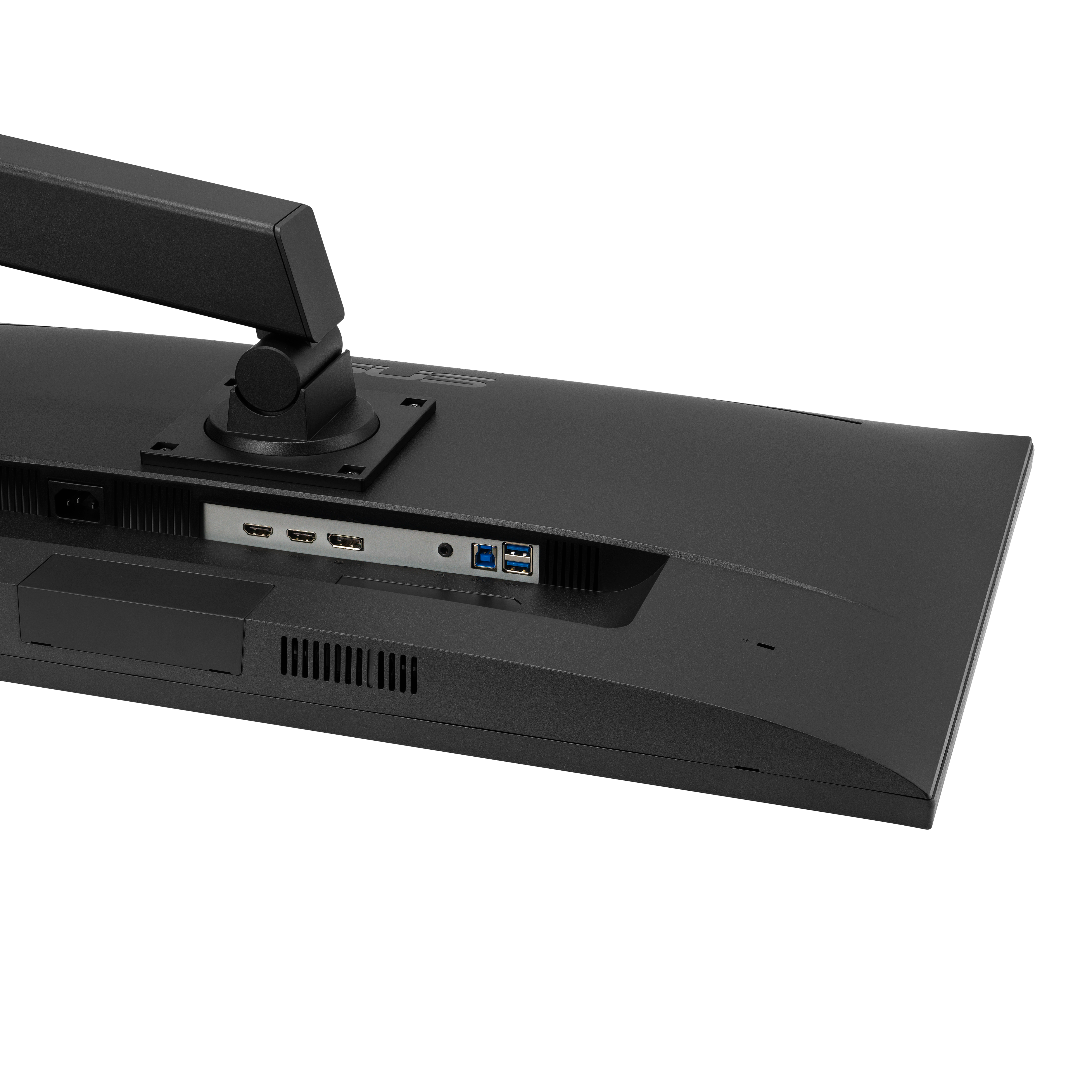 Tył czarnego monitora z portami, w tym HDMI i USB. Czarne ramię jest przymocowane do monitora.
