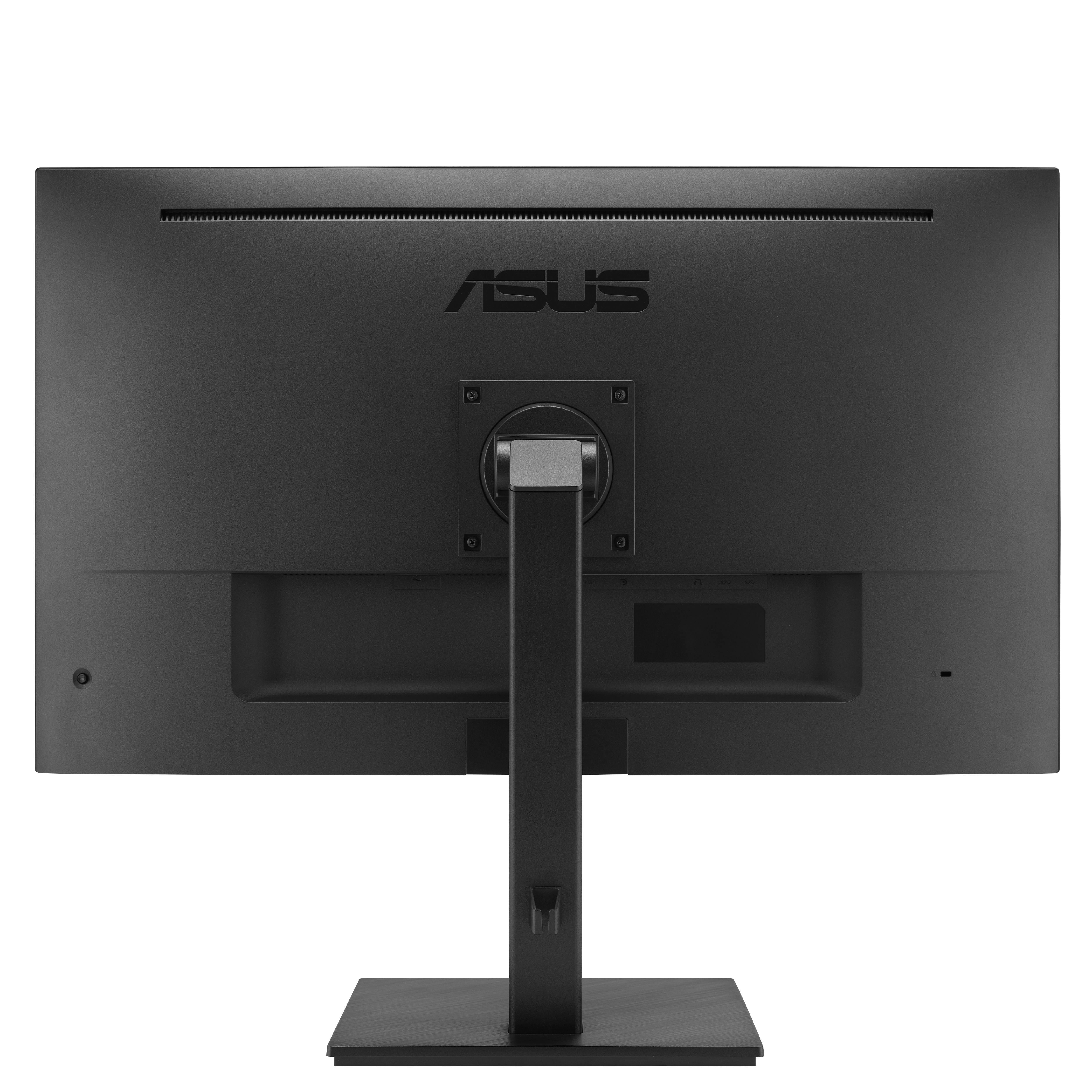Tył czarnego monitora ASUS z logo marki na górze i przymocowaną podstawą.