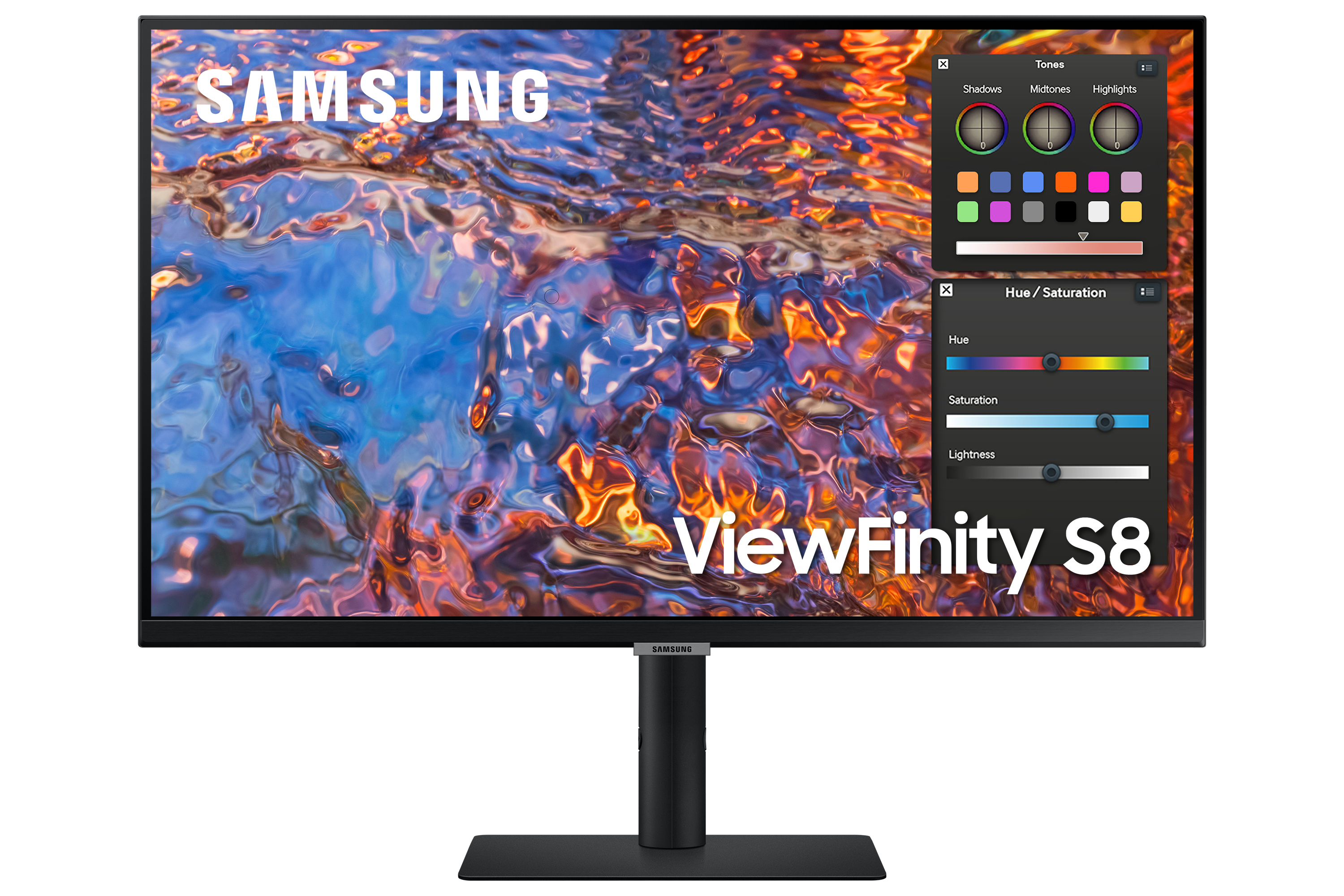 Monitor Samsung wyświetla kolorowy obraz z narzędziami do regulacji koloru. Monitor ma podstawę.