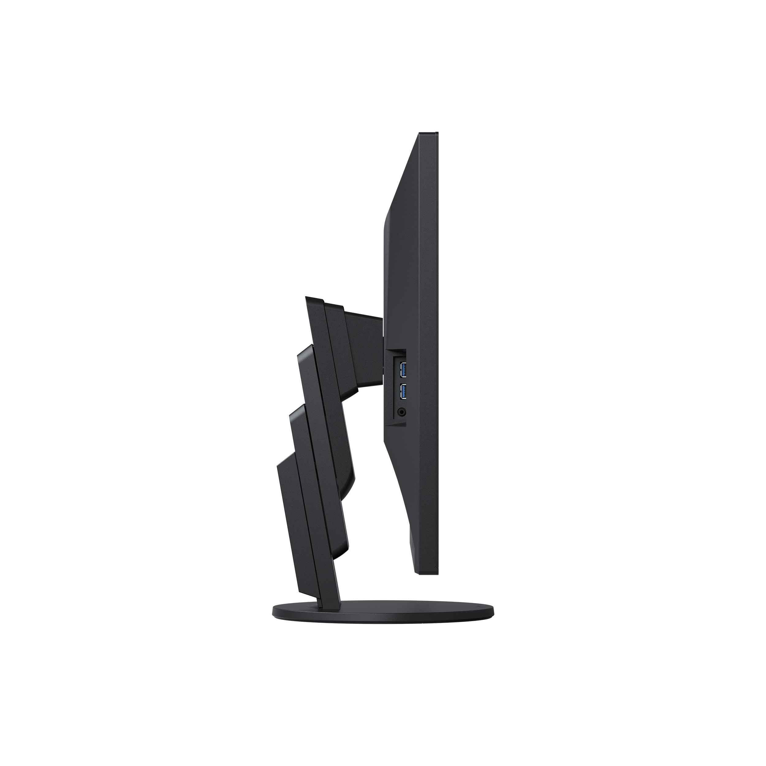 Monitor komputera z boku. Jest czarny i ma charakterystyczną podstawę.