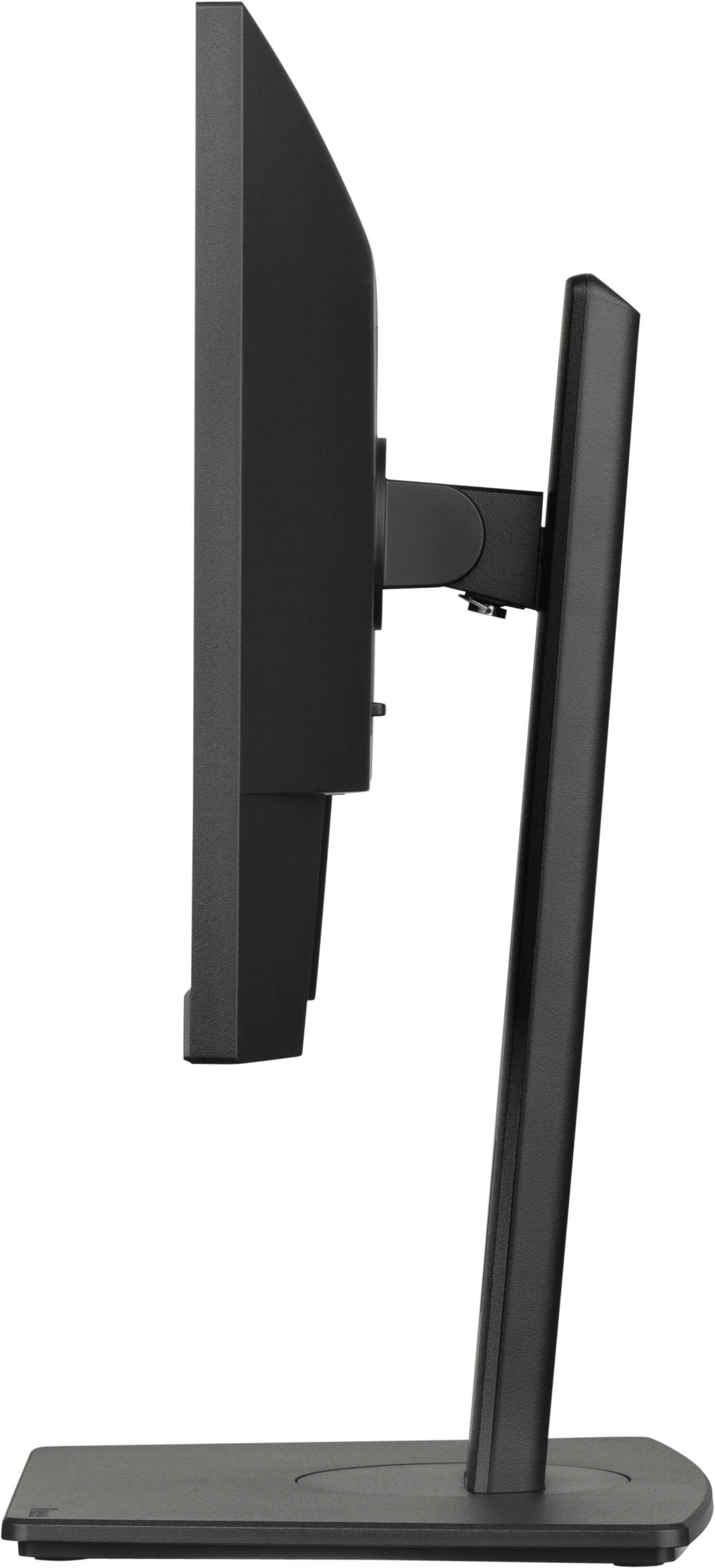 Czarny monitor komputerowy na białym tle, widok z boku. Ma stojak.