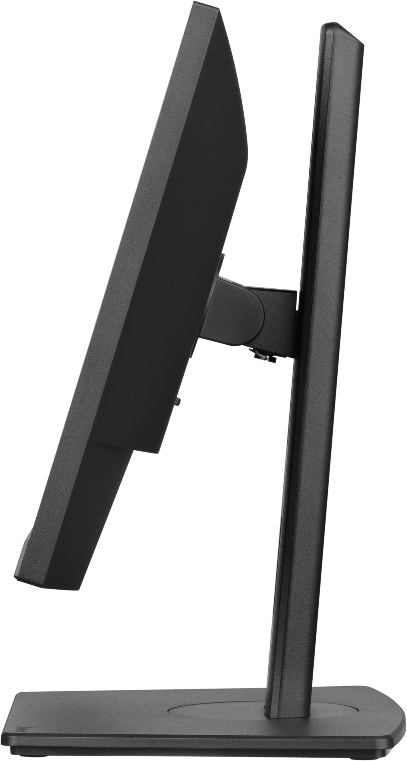 Czarny monitor z czarną podstawą, widok z boku.