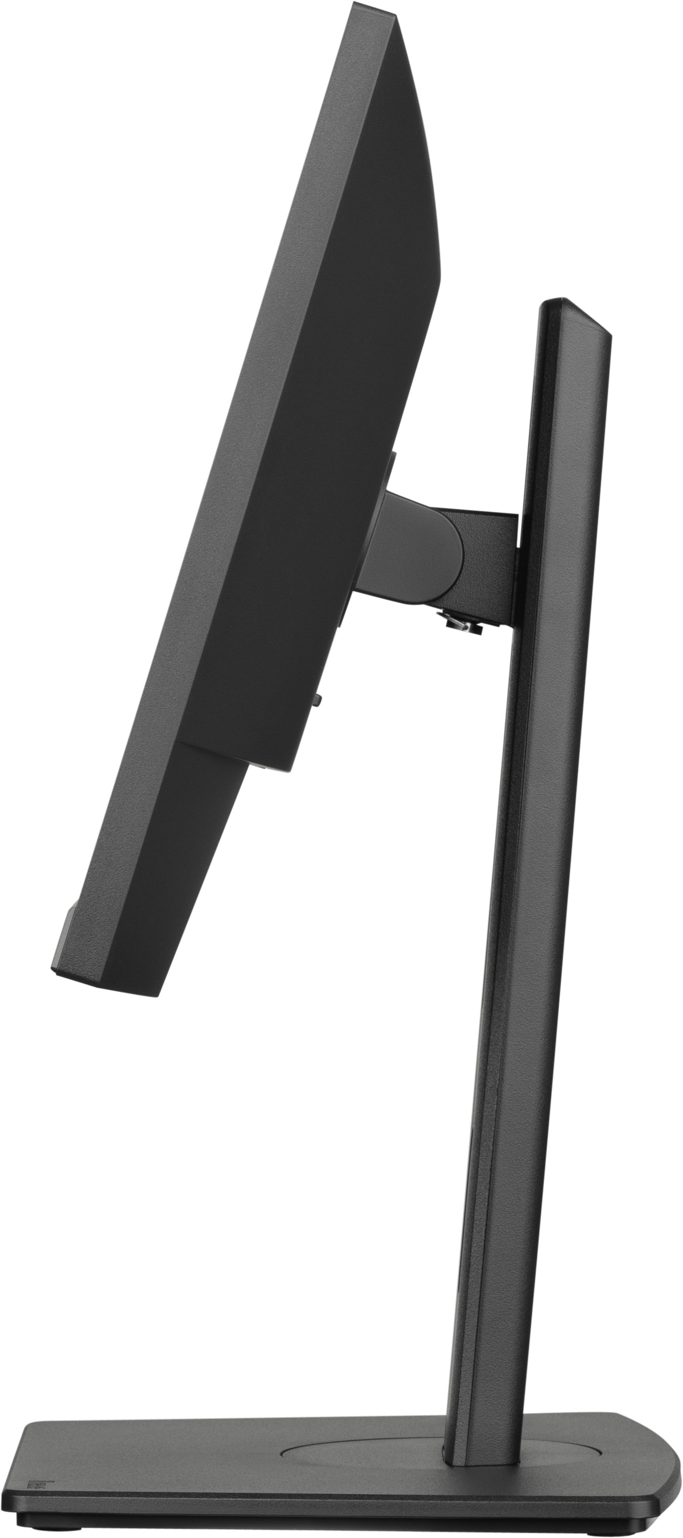 Czarny monitor komputera, widok z boku. Monitor ma podstawę i cienką ramkę.