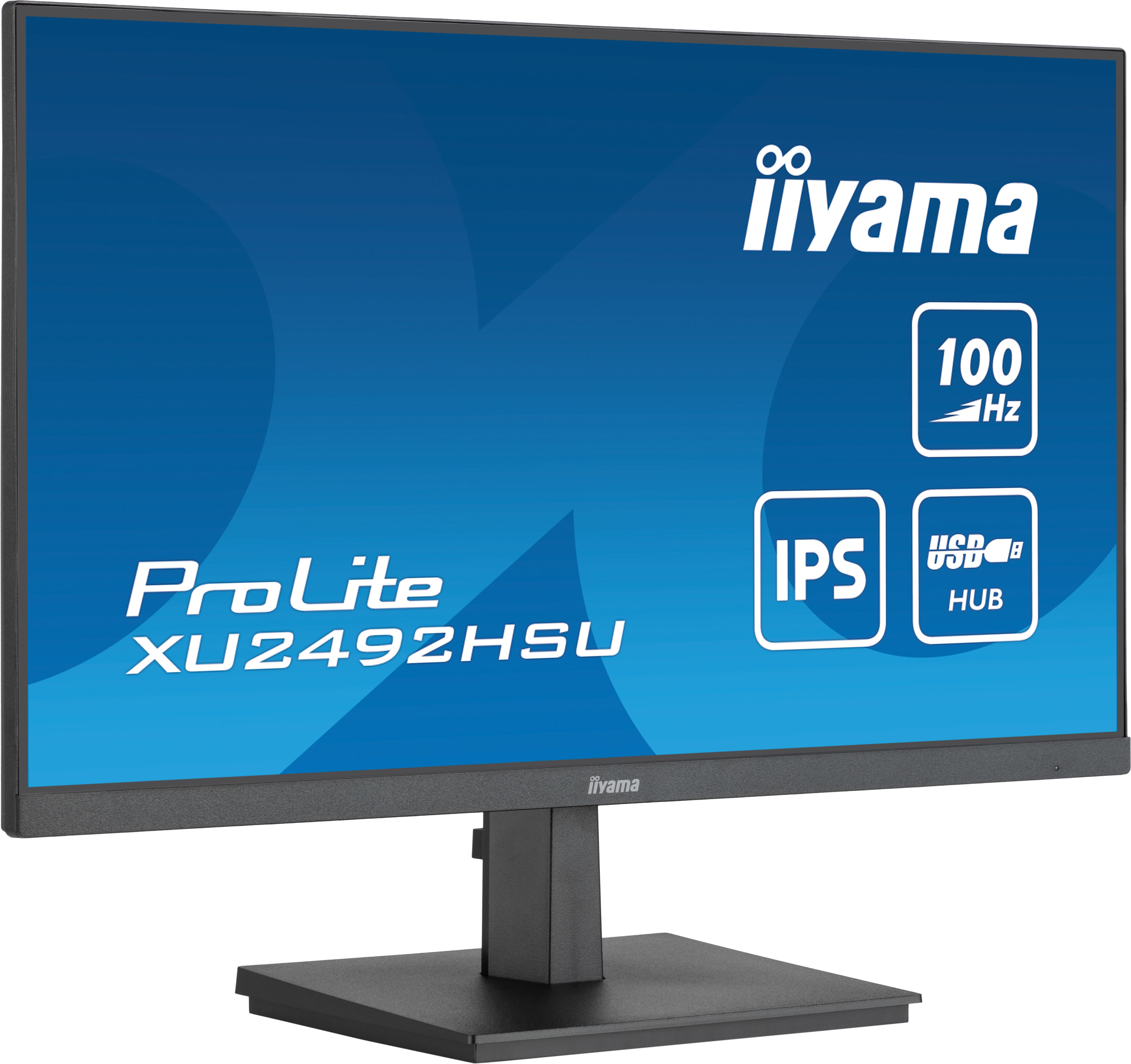 Czarny monitor Iiyama z niebieskim ekranem wyświetla nazwę marki i szczegóły produktu.