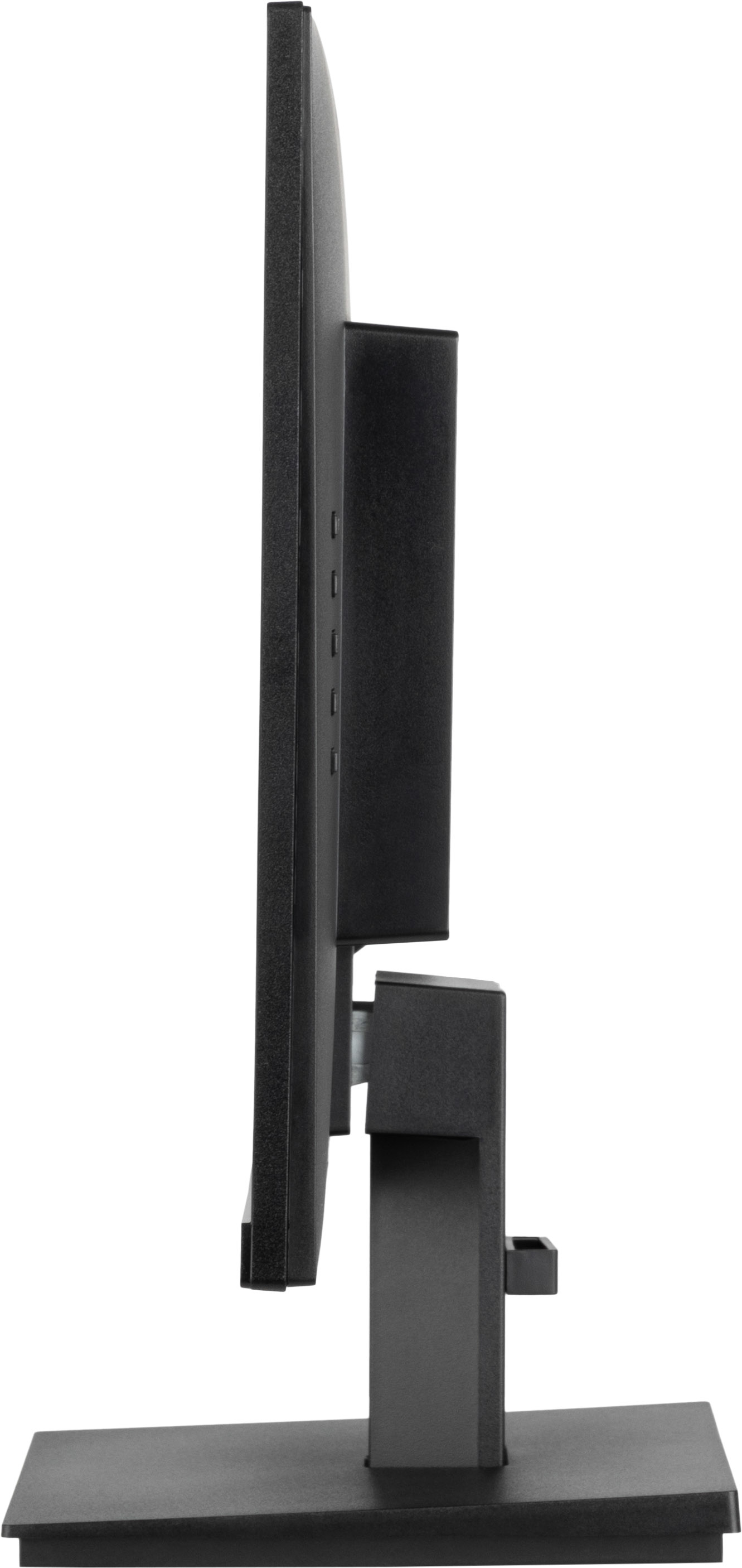 Widok z boku czarnego monitora komputerowego z czarnym stojakiem.