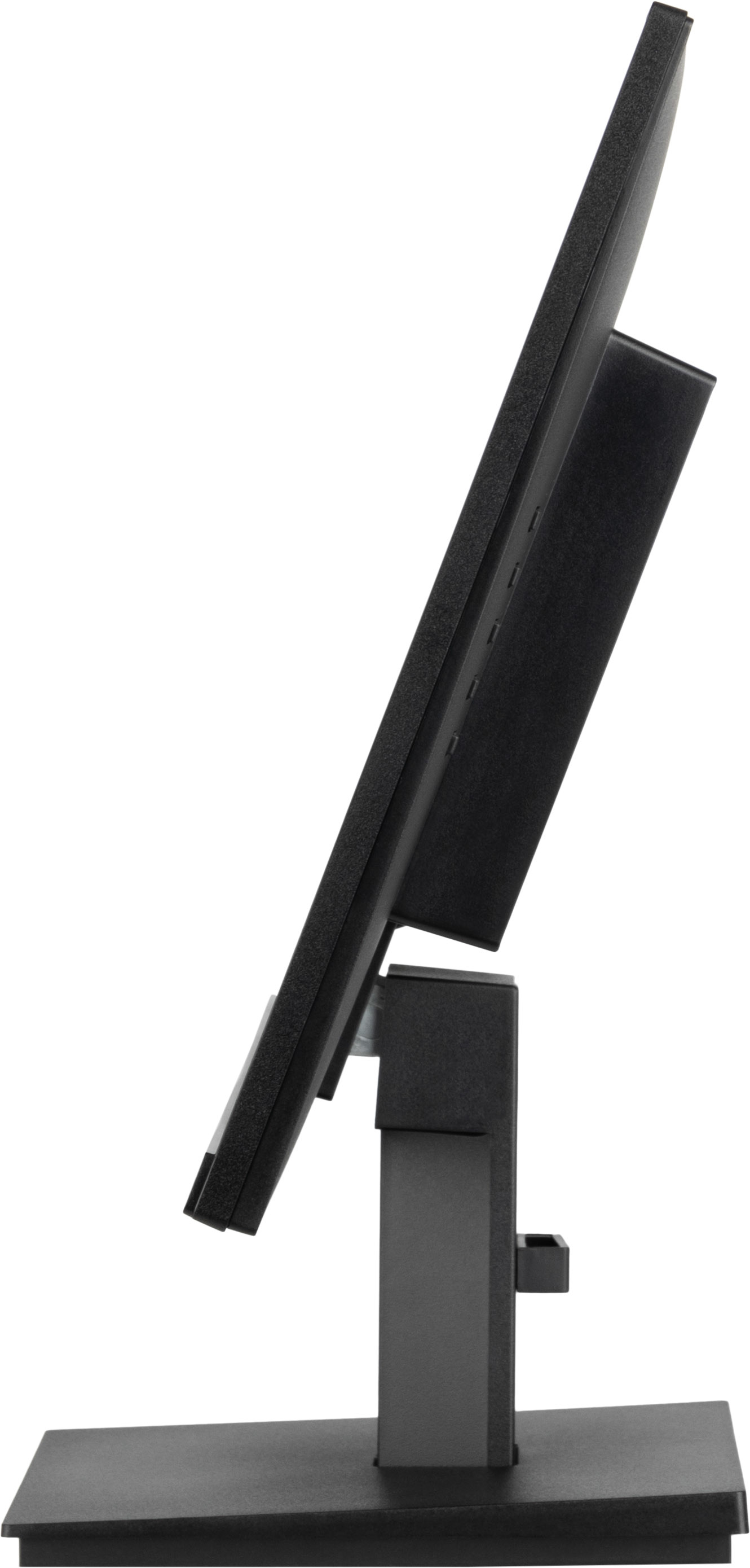 Monitor komputera na podstawie, widok z boku, czarna ramka i podstawa.