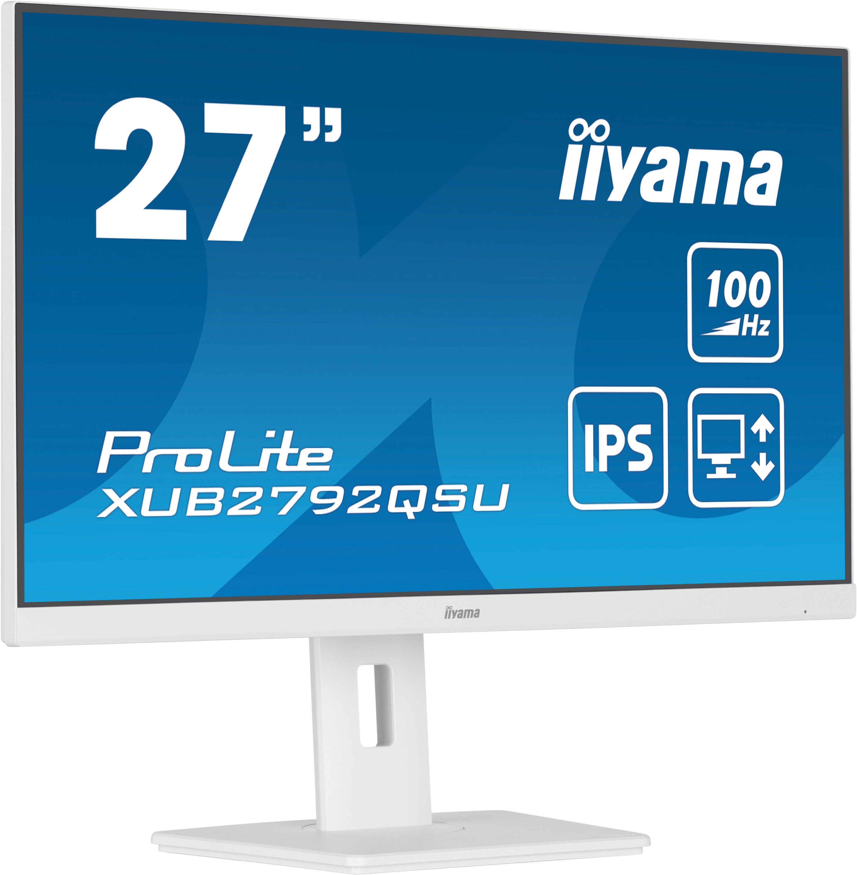 Biały monitor iiyama z napisem ProLite. Wyświetla ikony 27", IPS i 100 Hz na niebieskim tle.