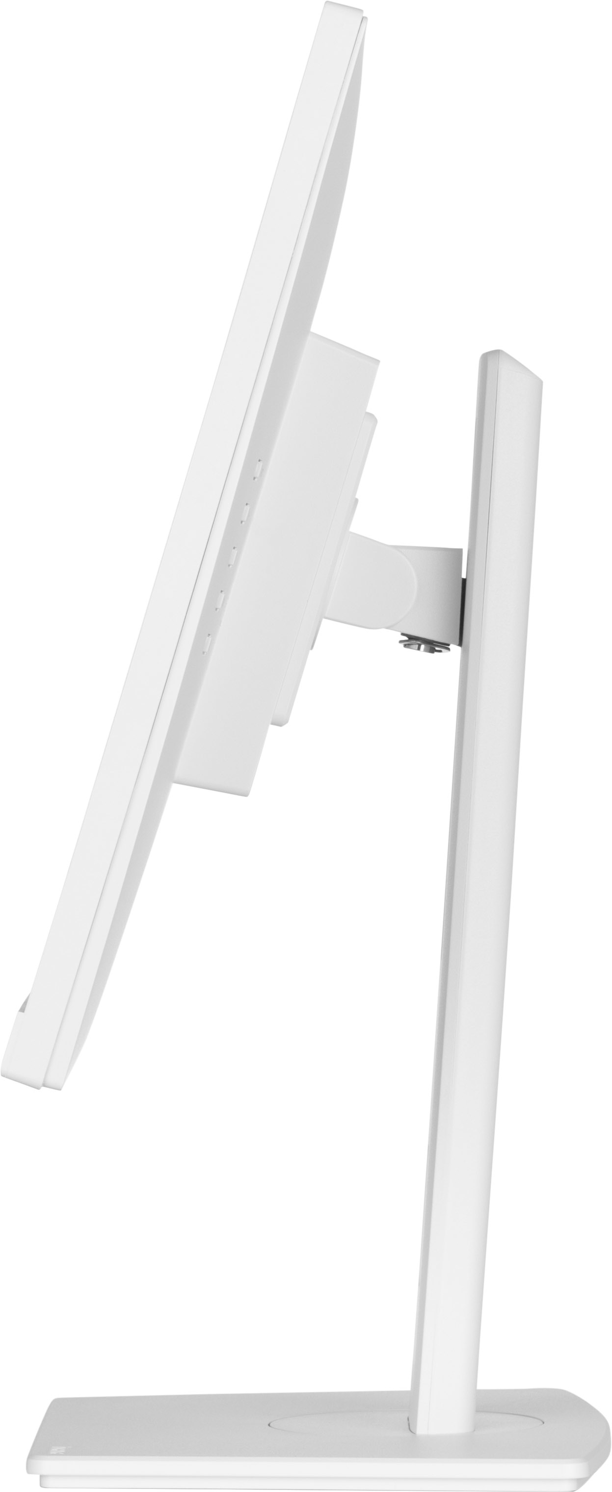 Biały monitor komputera z boku, z widoczną podstawą.