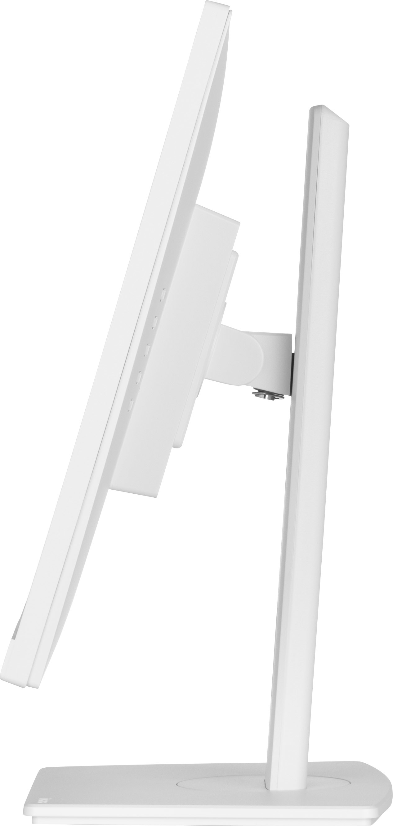 Biały monitor komputera, widok z boku, pokazujący podstawę i ekran.