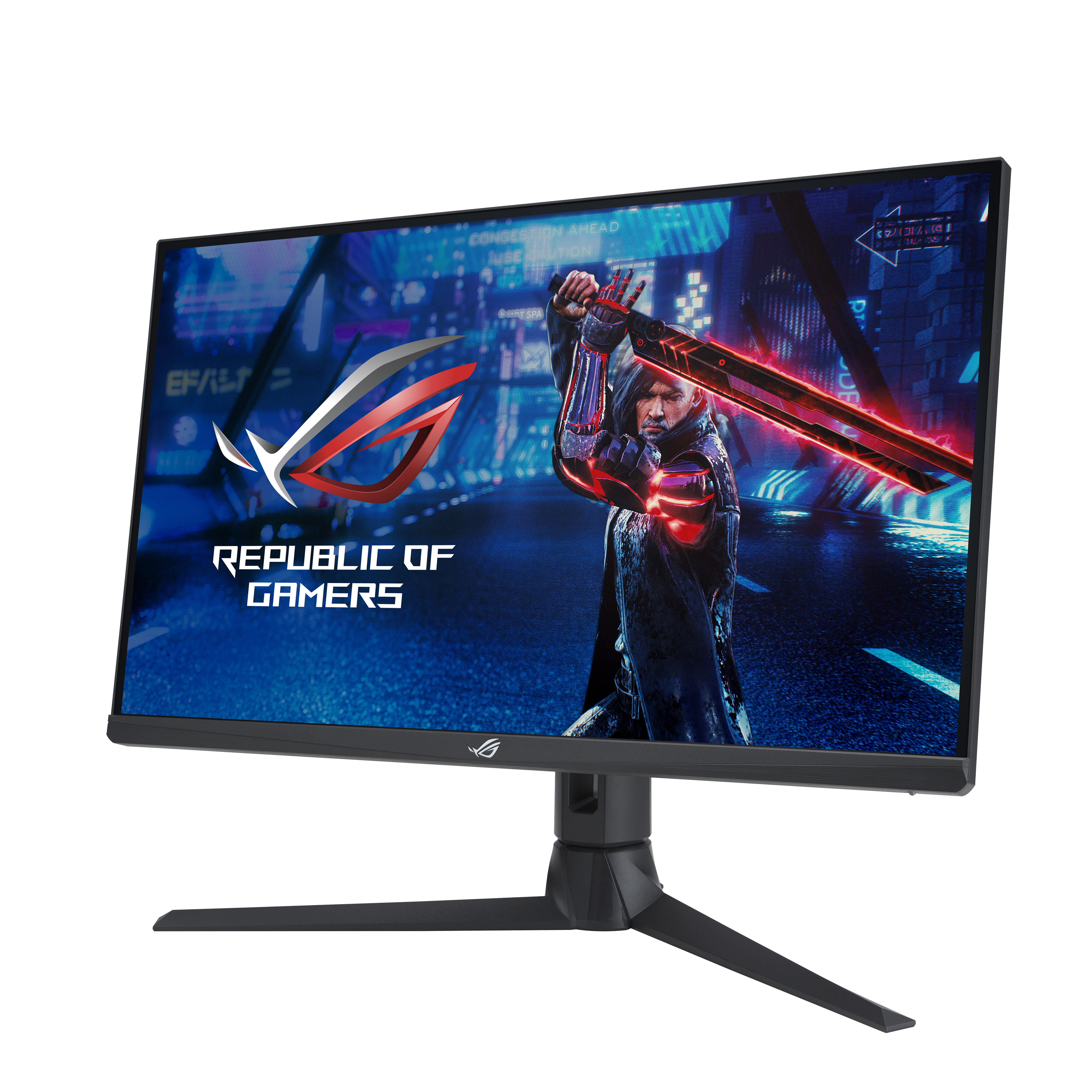 Een gebogen computermonitor met een videogame scène. 'Republic of Gamers' is zichtbaar.