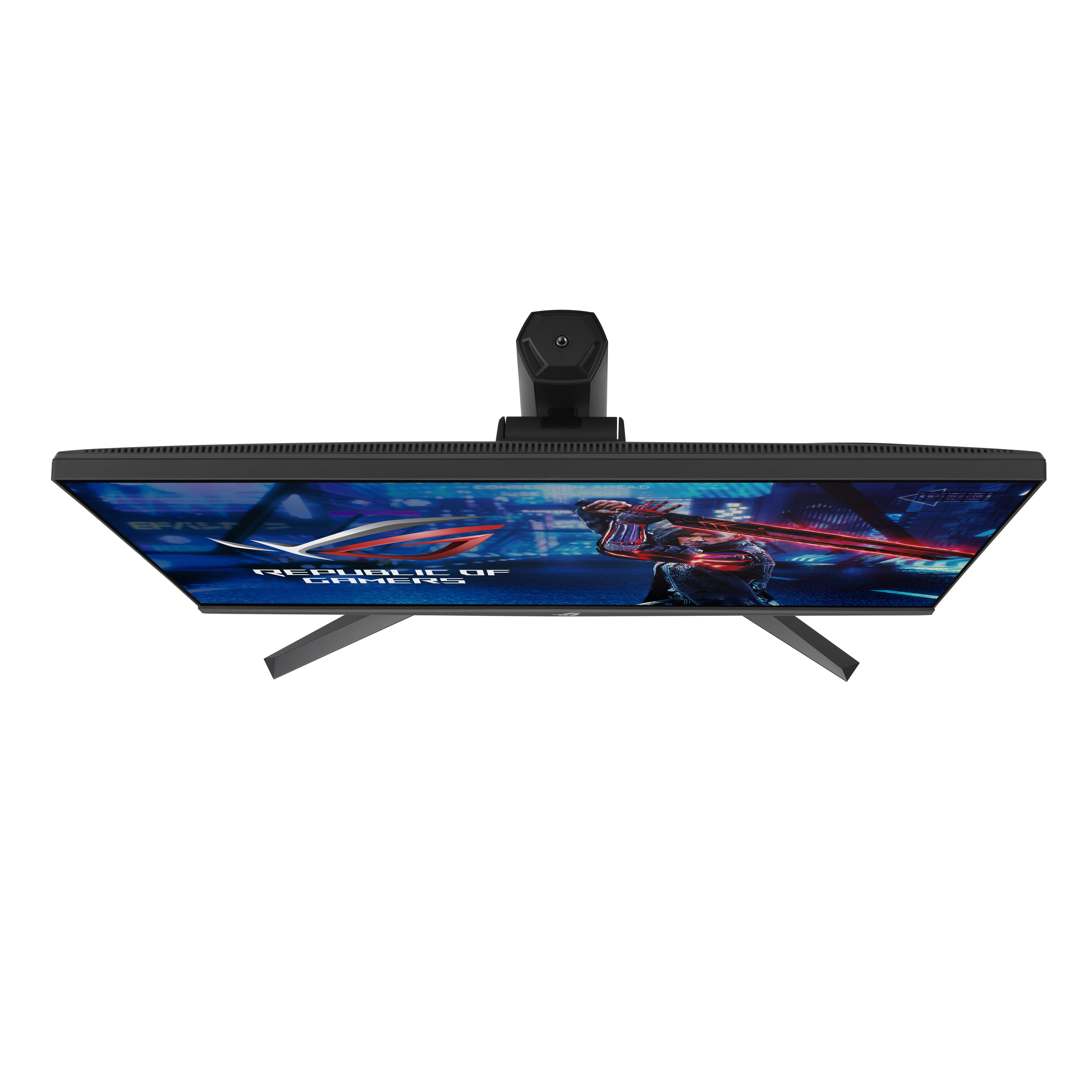 Zwarte monitor, bovenaanzicht. Toont een spelafbeelding op het scherm.