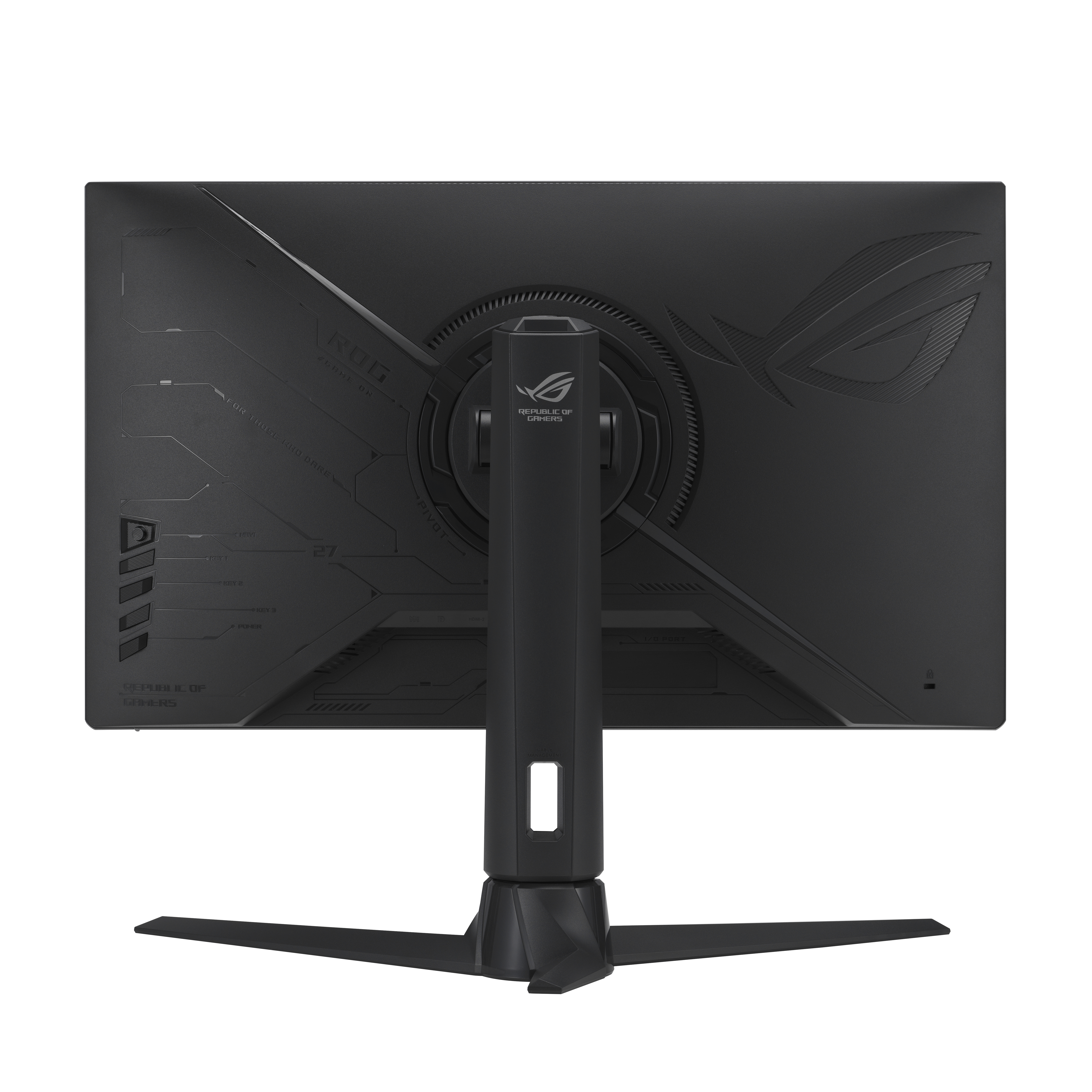 Achterkant van een zwarte monitor met een standaard.