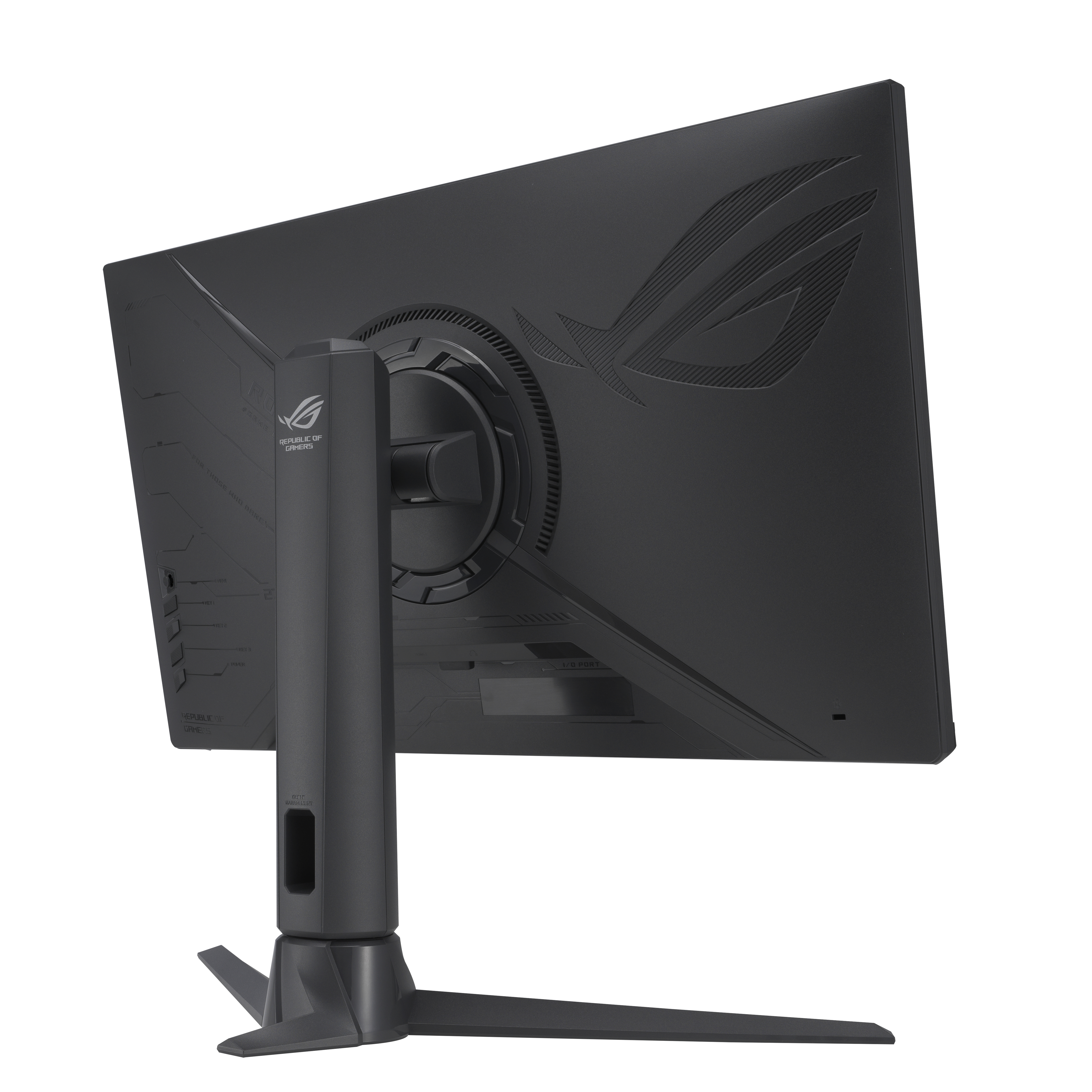 Zwarte gaming monitor van achteren met standaard. ROG-logo zichtbaar. Schuine weergave op witte achtergrond.
