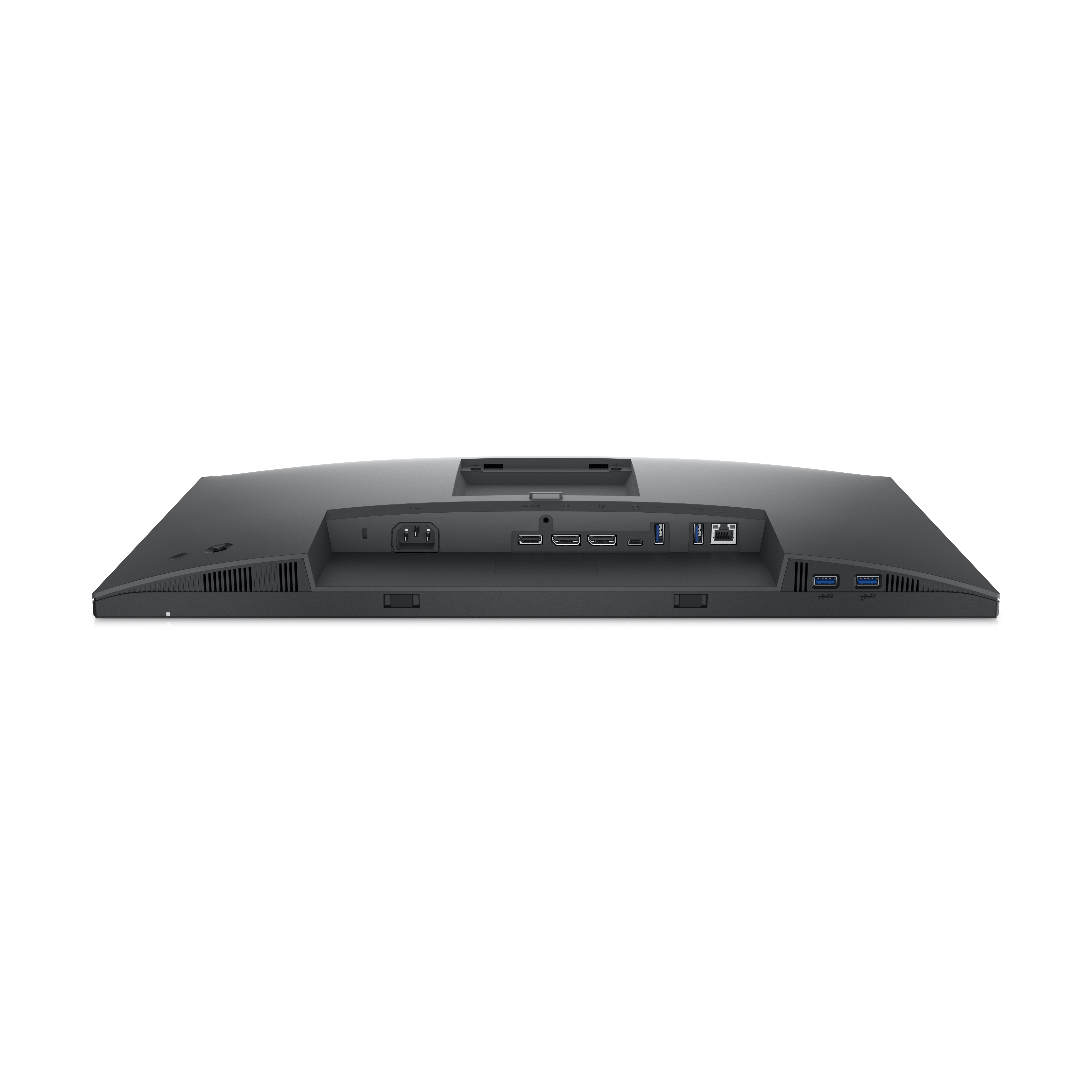 A monitor's back with ports, power input, and ventilation openings. Black color.