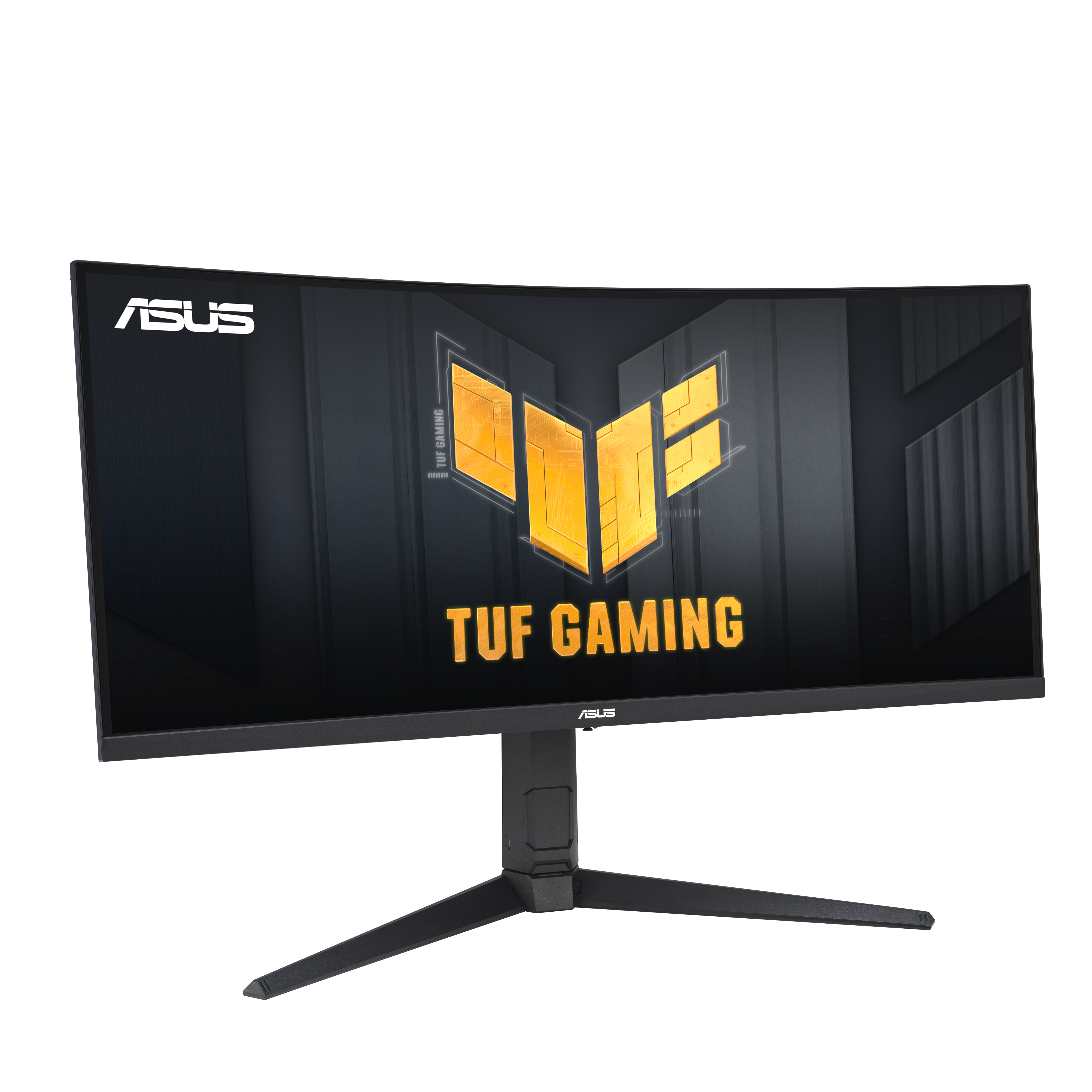 Zakrzywiony monitor ASUS TUF Gaming z czarną ramką i podstawą. Ekran wyświetla logo.