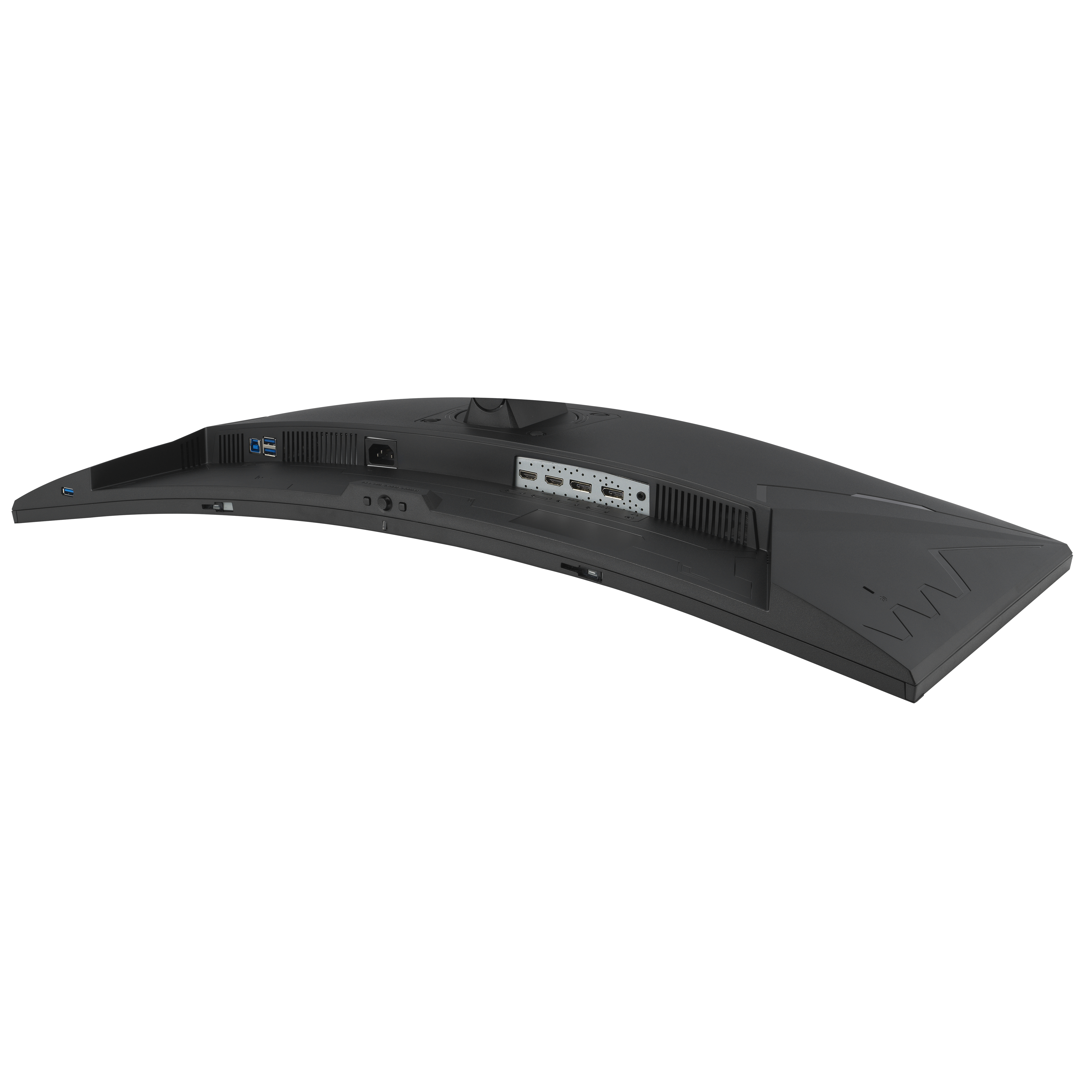 The back of a curved computer monitor with ports and vents on a white background.