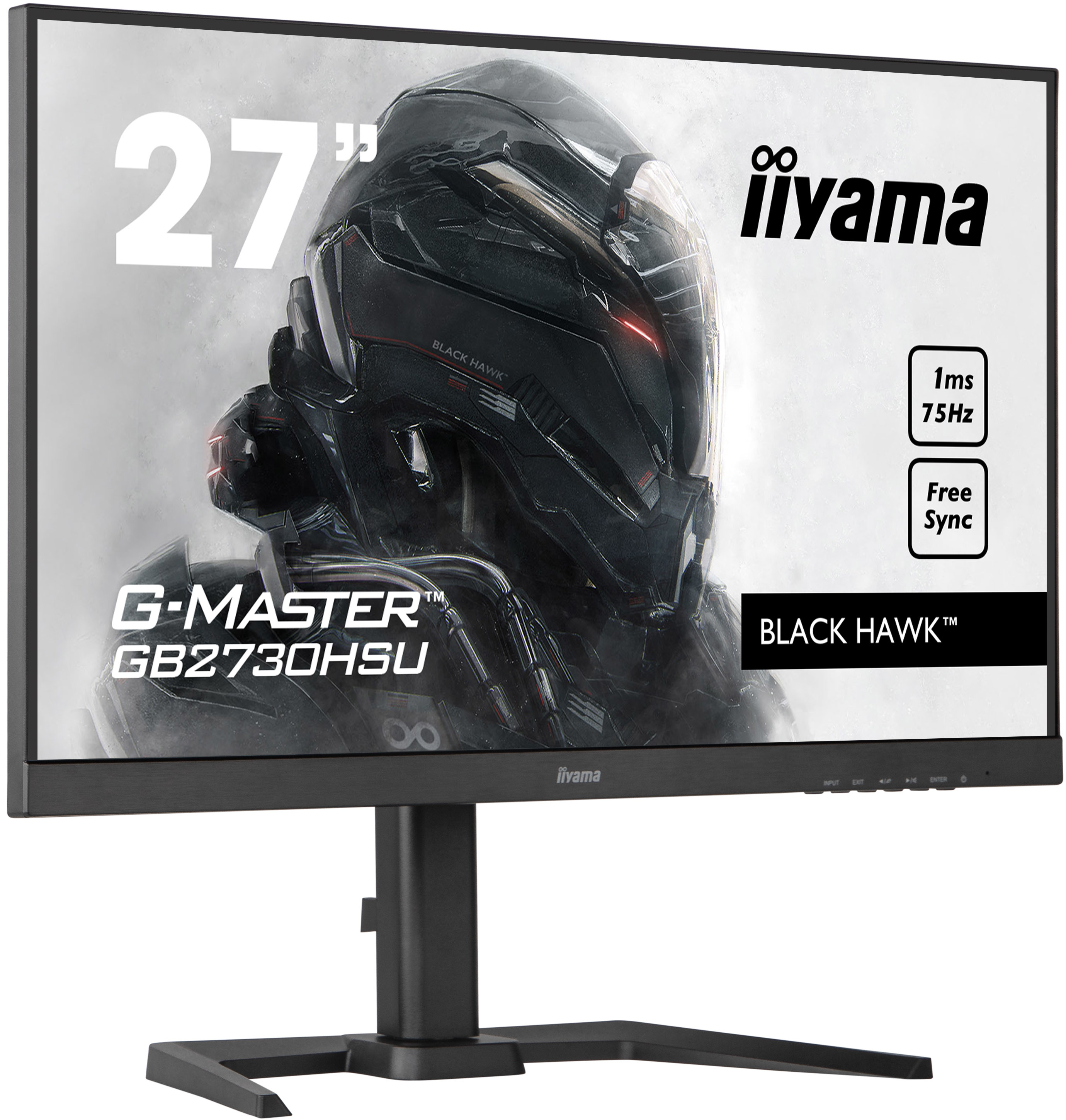 Un monitor per computer nero con la scritta 'BLACK HAWK'. Lo schermo mostra un videogioco.