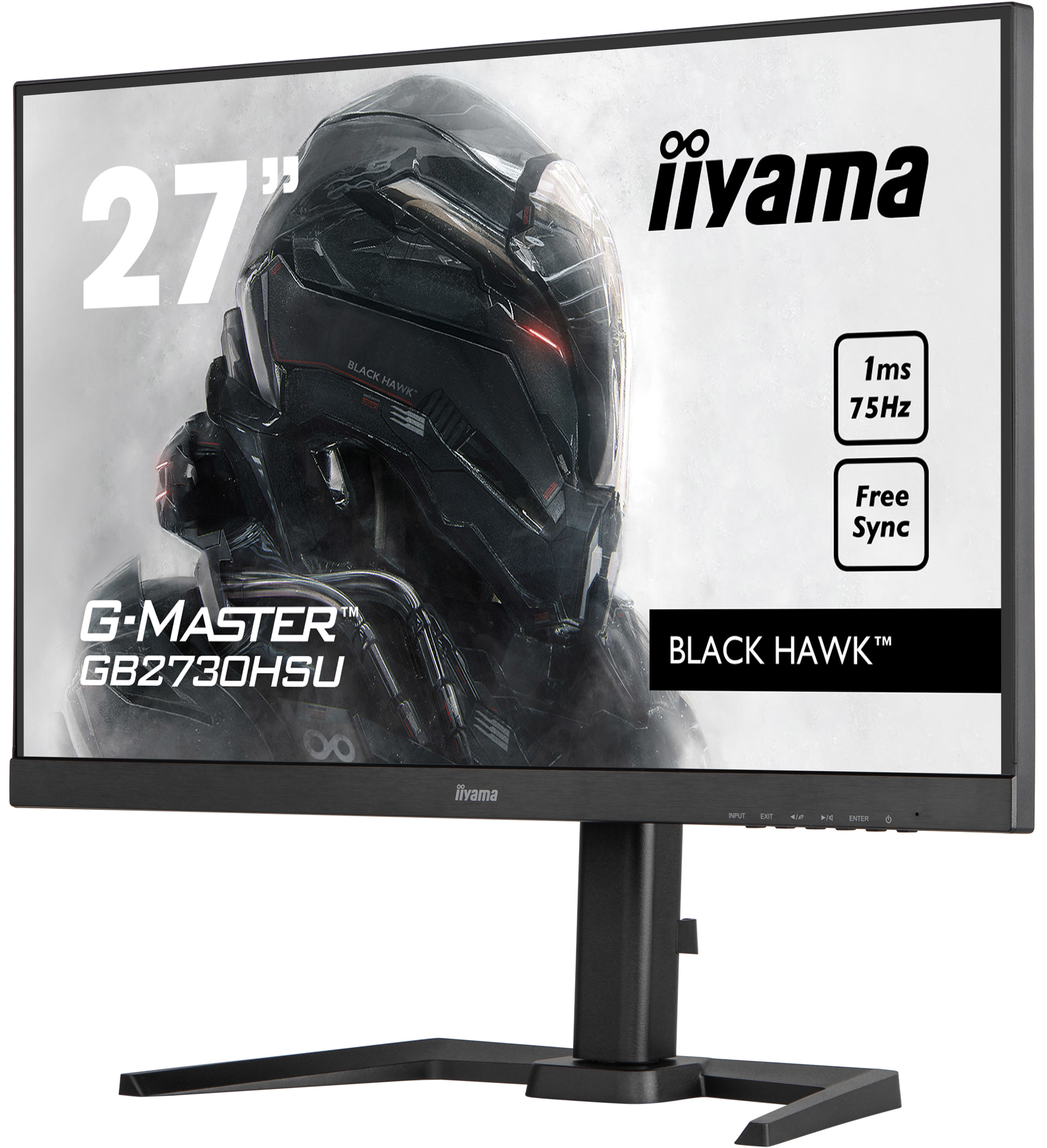 Un monitor Iiyama nero da 27" mostra una grafica di gioco. Include il testo: Black Hawk, 1ms, 75Hz e Free Sync.