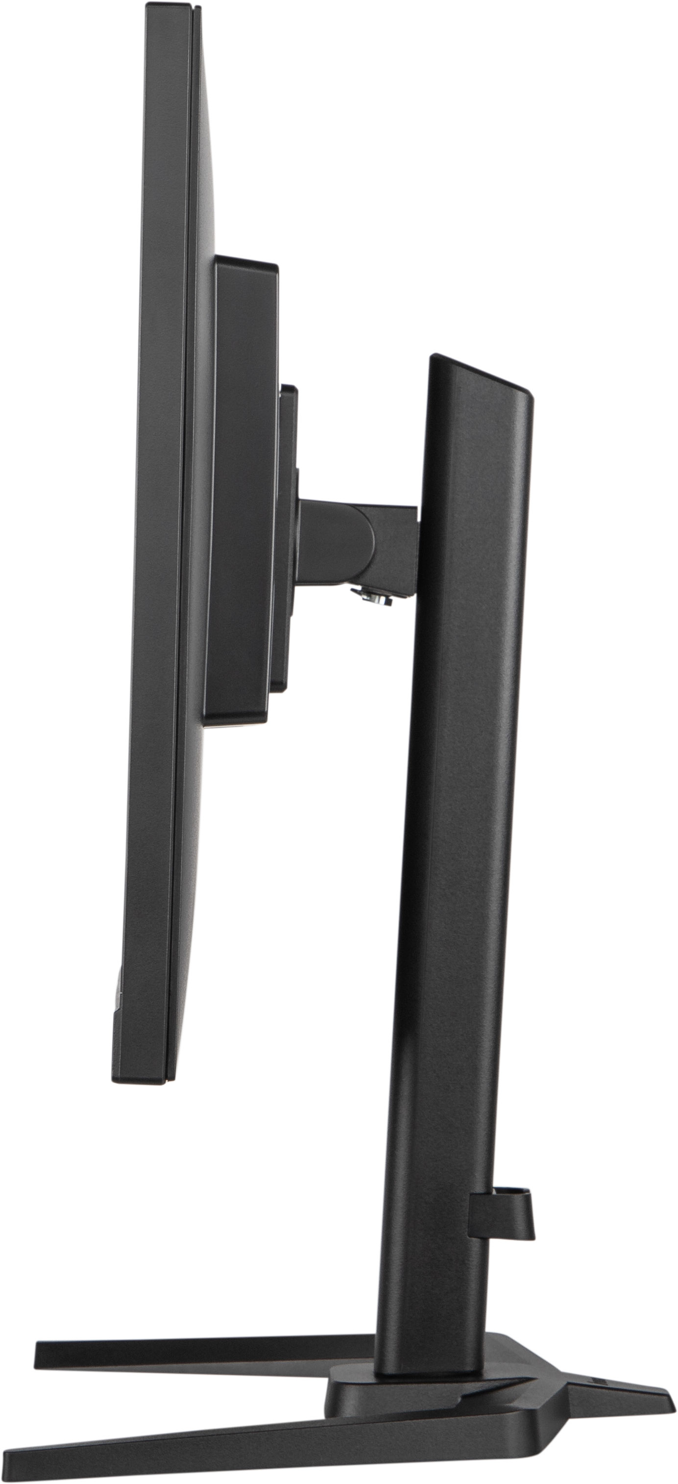 Una vista laterale di un monitor per computer nero con un supporto, su sfondo bianco.
