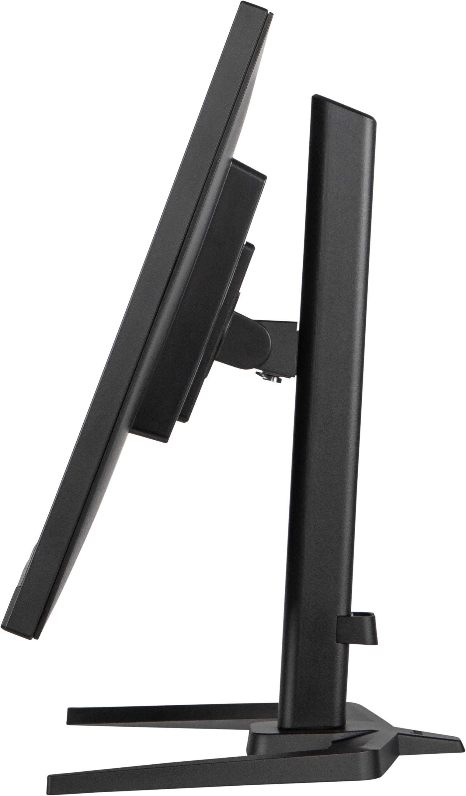 Vista laterale di un monitor per computer nero su un supporto. Lo schermo è inclinato all'indietro.