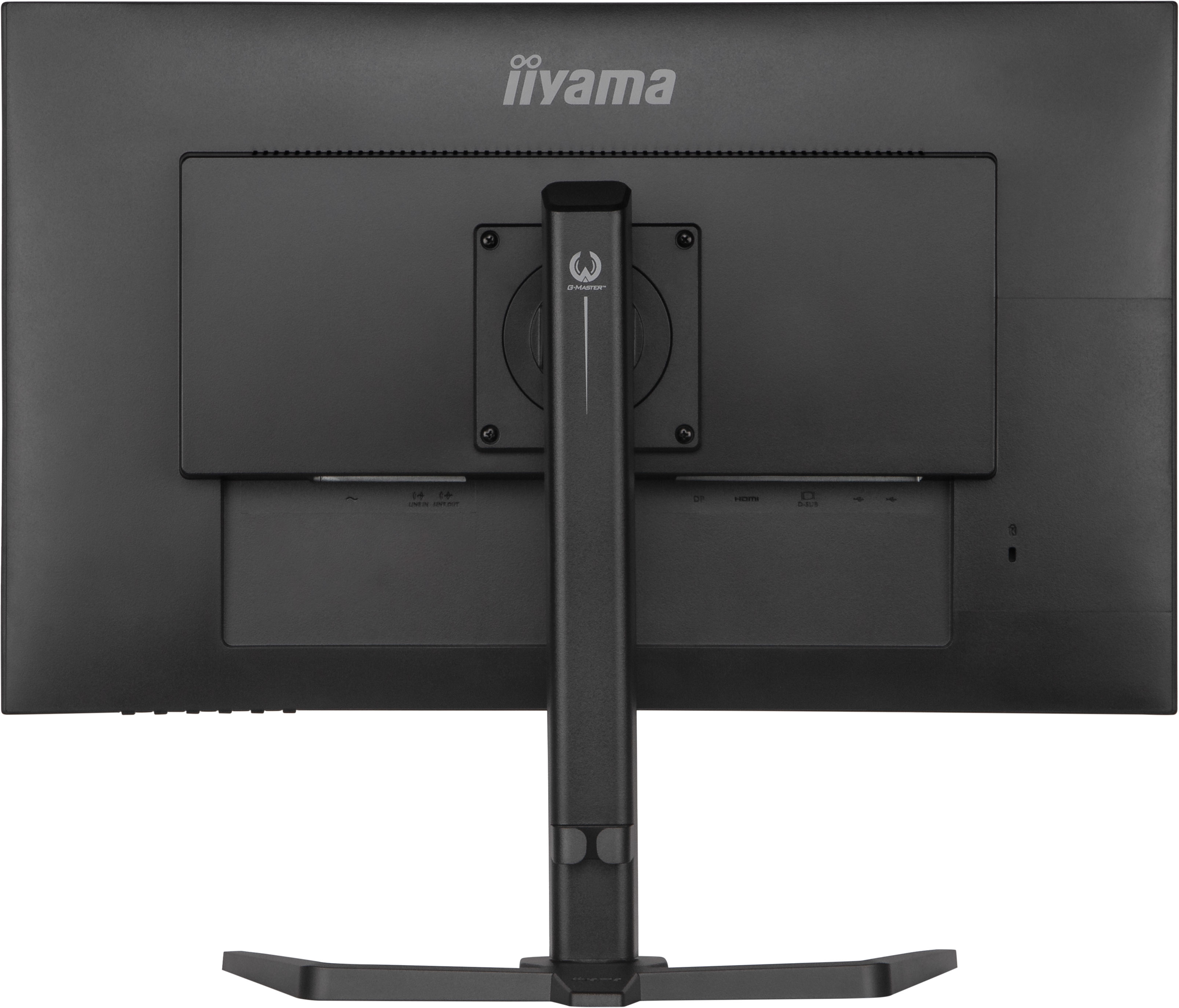 Retro di un monitor per computer nero con supporto e porte di connessione.