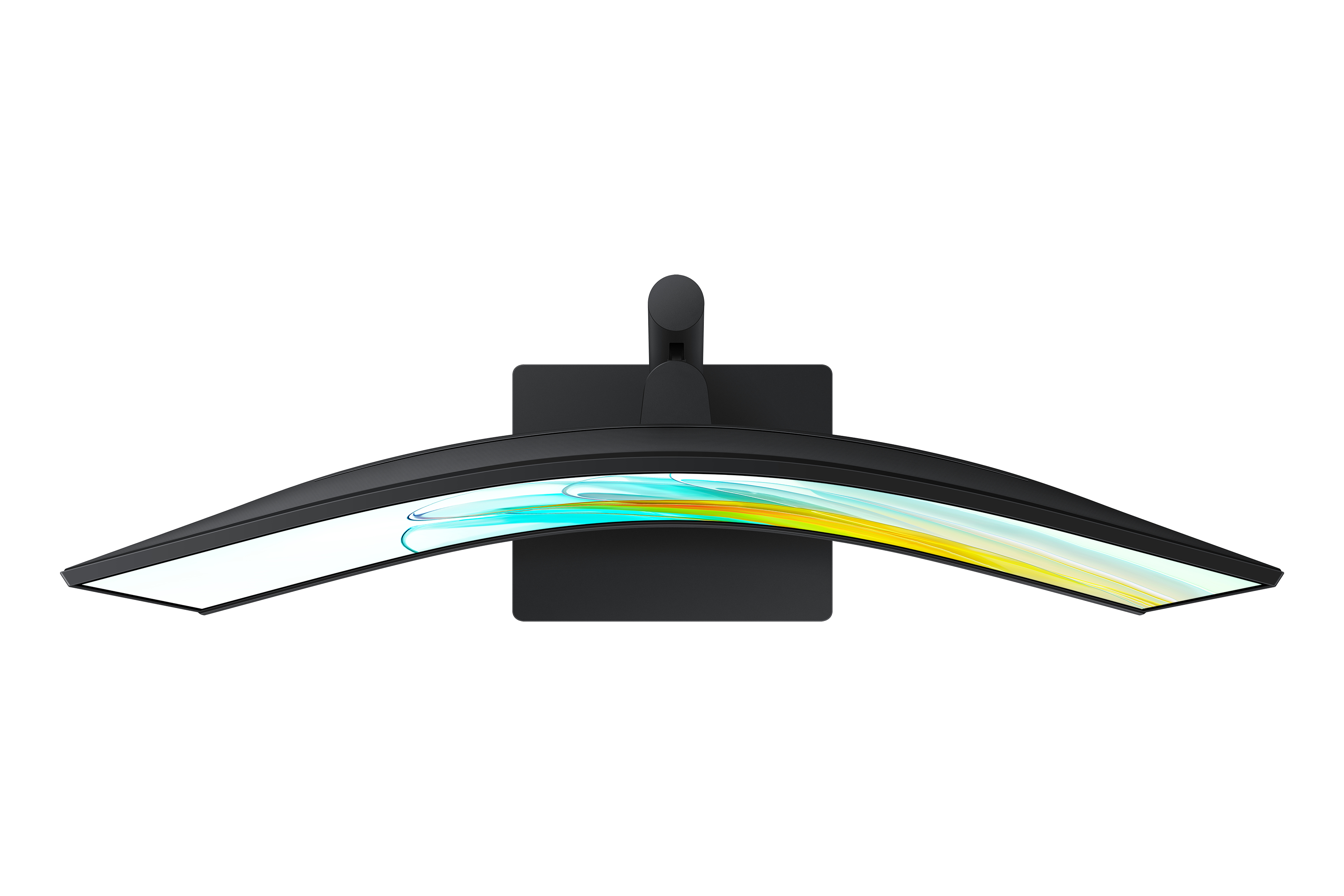 Czarny zakrzywiony monitor ze stojakiem, pokazujący kolorowy wyświetlacz.