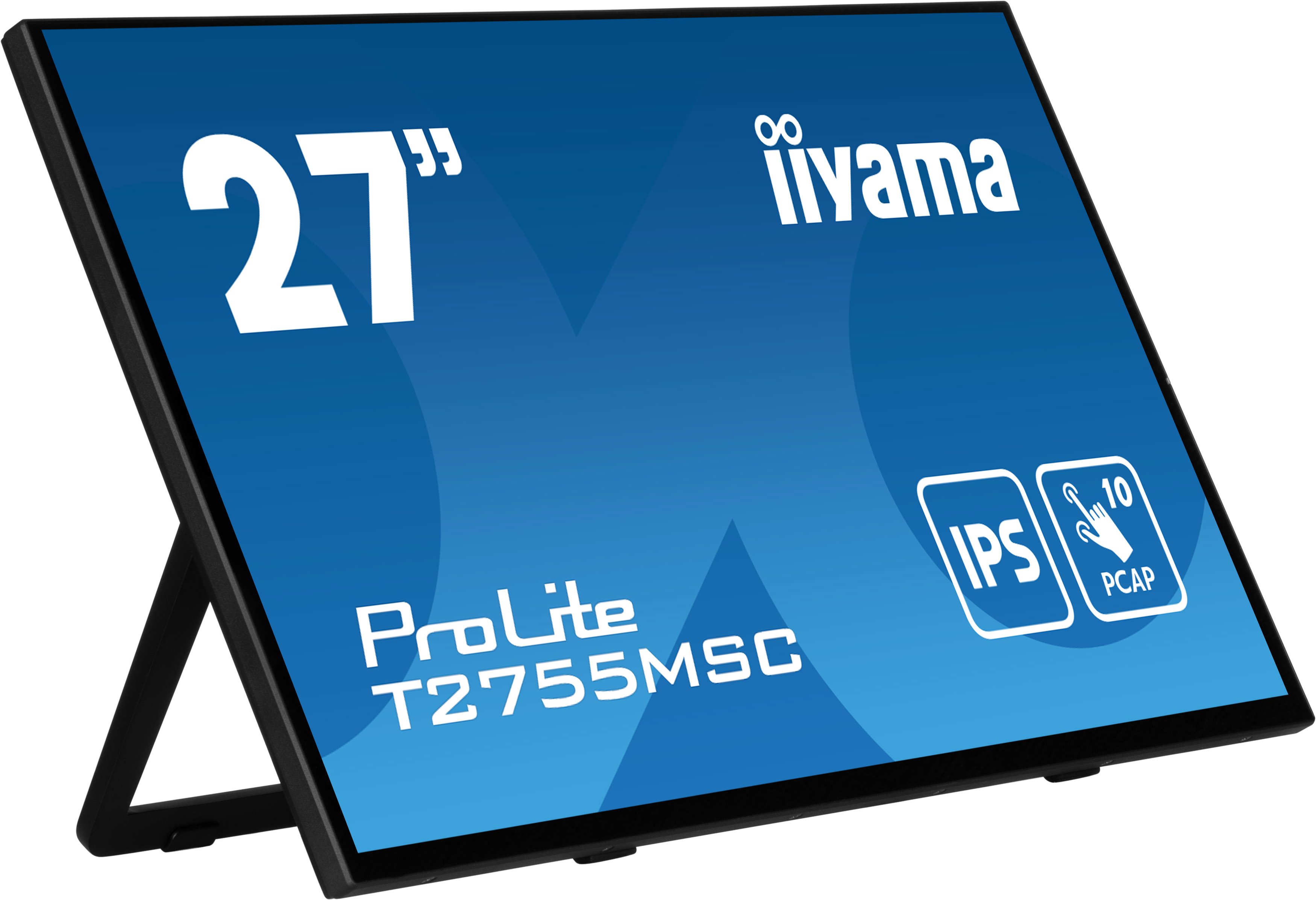 27-calowy monitor Iiyama ProLite. Ekran jest niebieski. Posiada etykiety IPS i PCAP.