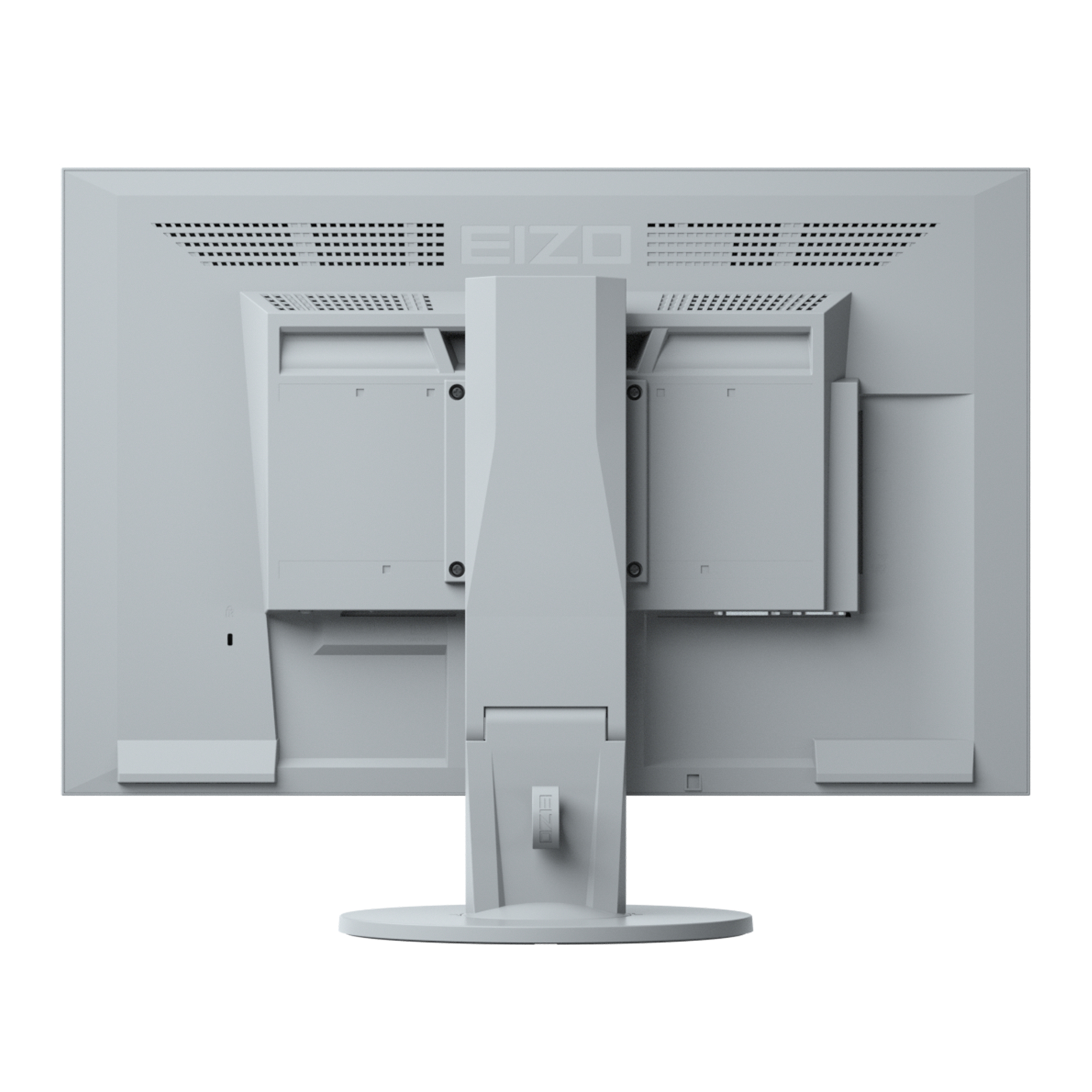 Vista posteriore di un monitor del marchio EIZO. Mostra fori di ventilazione ed elementi di supporto.