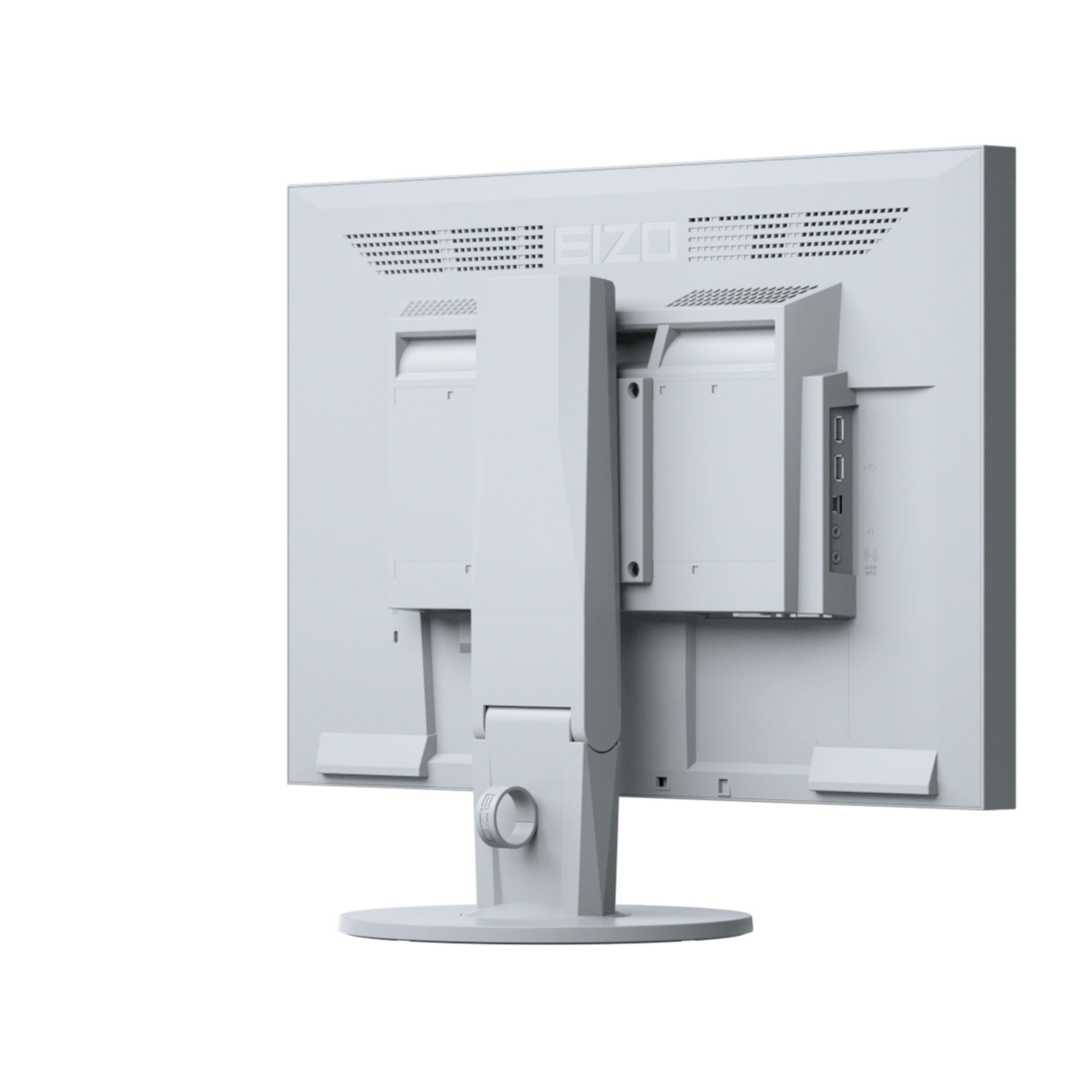 Vista posteriore di un monitor bianco con supporto, porte e logo EIZO.