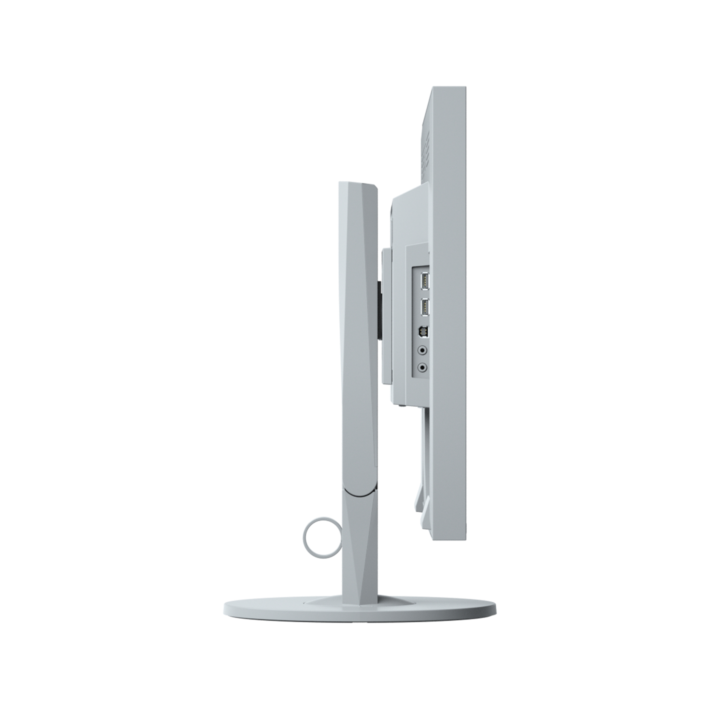 Vista laterale di un monitor del computer. Il monitor è bianco e ha un supporto, porte e ingressi.