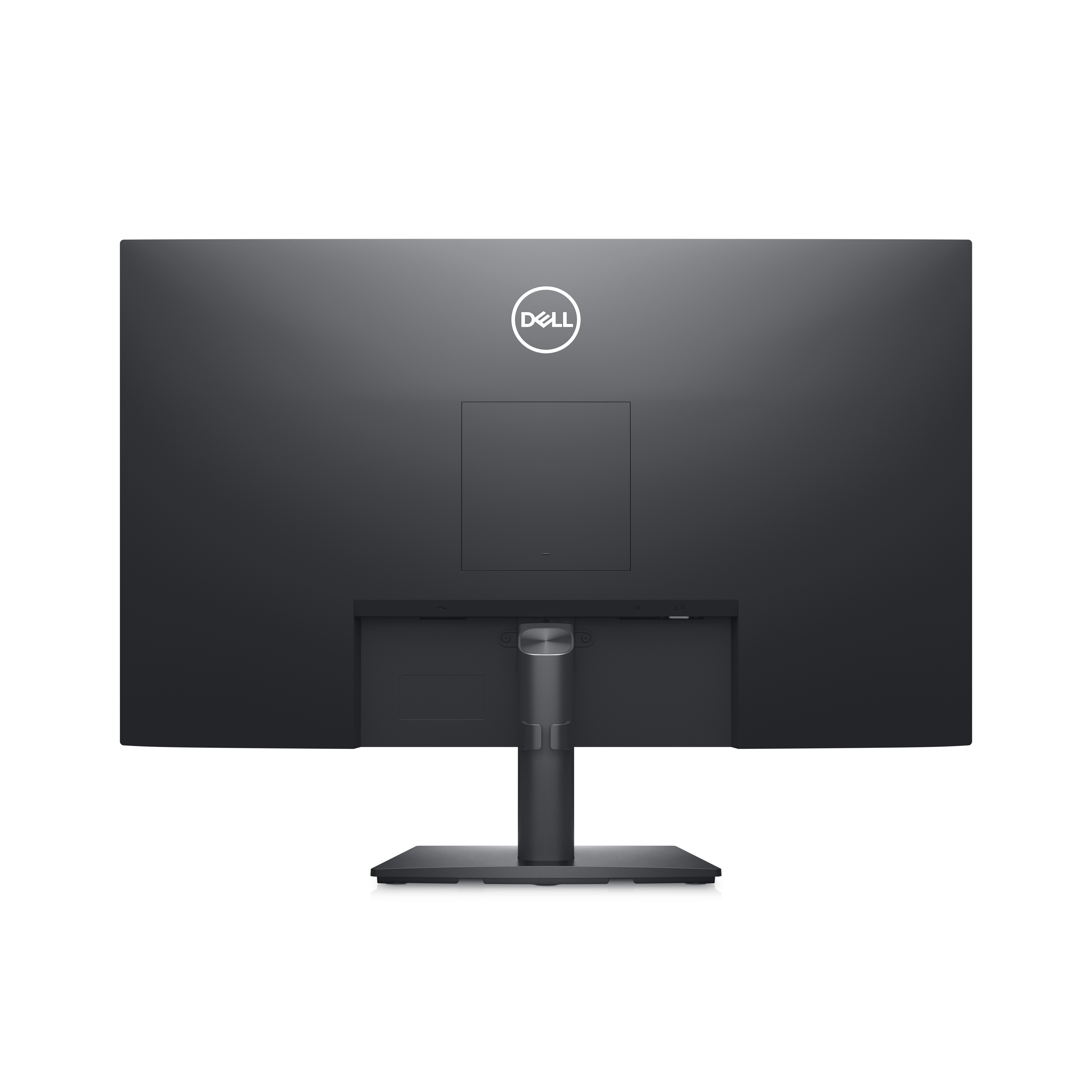 Retro di un monitor per computer nero con logo Dell. Ha un supporto e porte.
