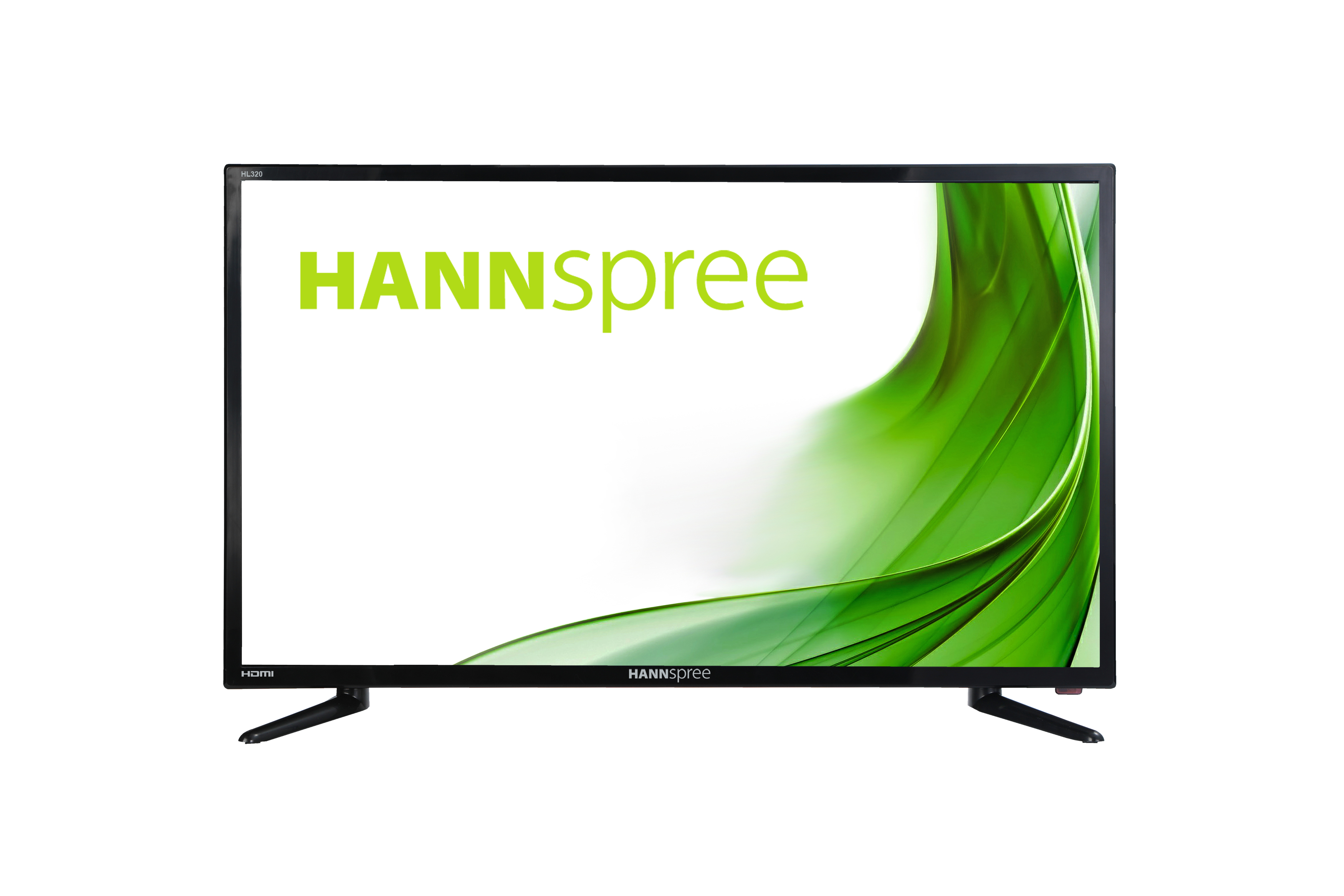 Un televisore nero con la parola "HANNSspree" in verde su uno schermo bianco con un'onda verde.
