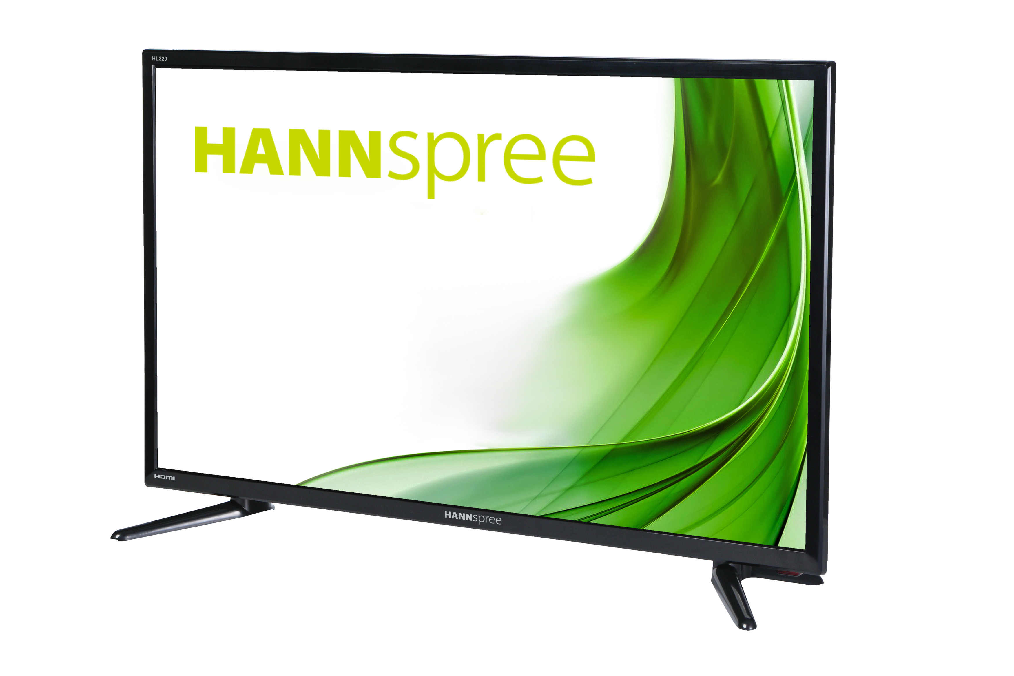Una TV nera con schermo bianco che mostra un design a onda verde e il logo HANNspree.
