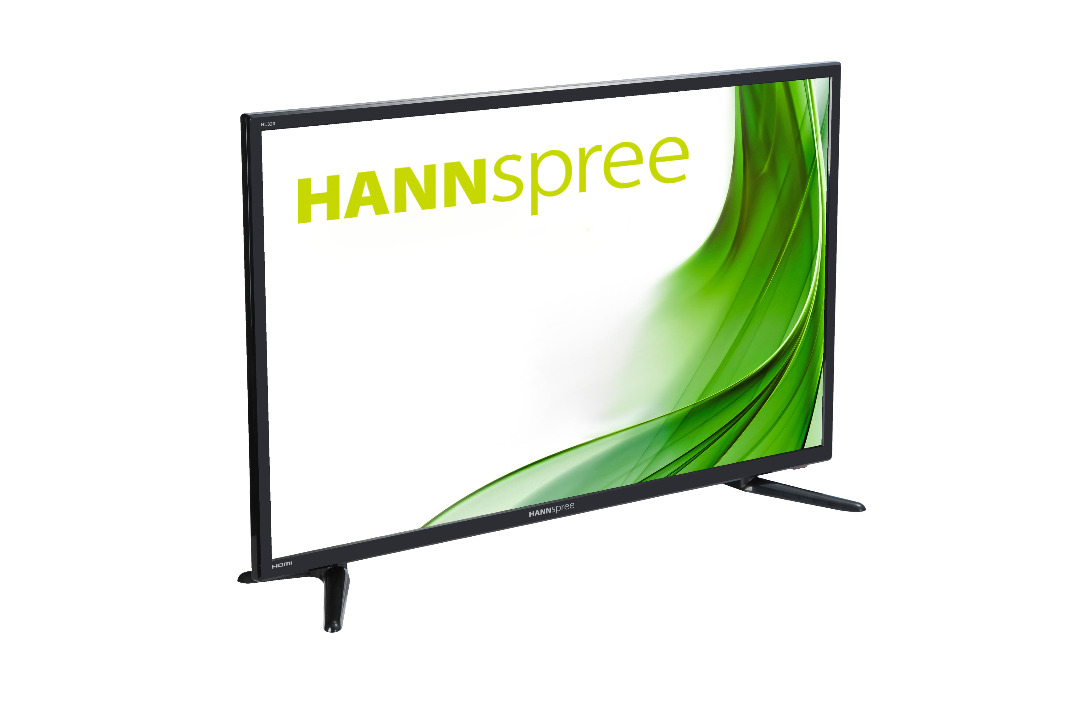 Un monitor del computer con una cornice nera e uno schermo che mostra un disegno a spirale verde. Il marchio è HANNspree.