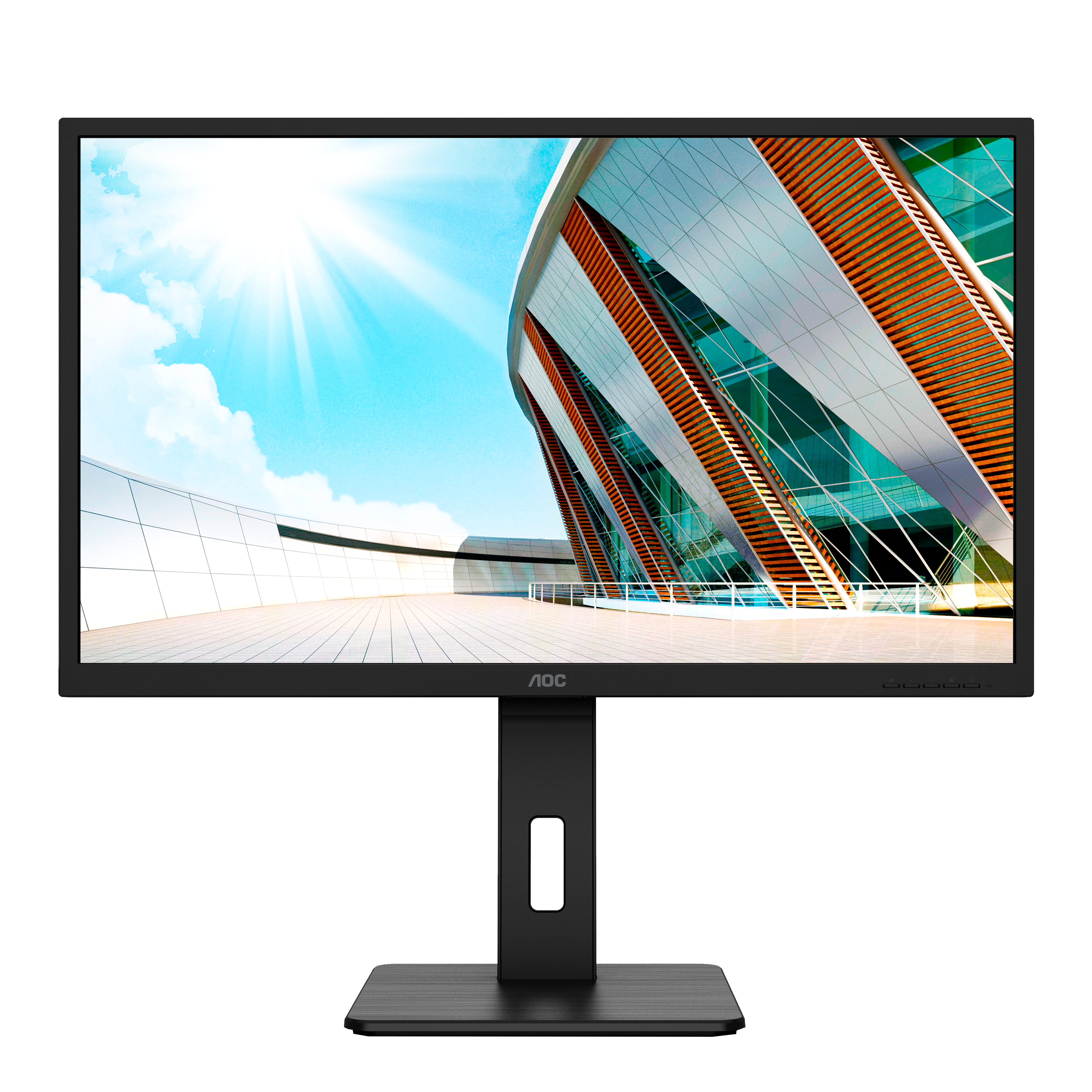 Un monitor nero che mostra un edificio moderno, con un supporto nero.