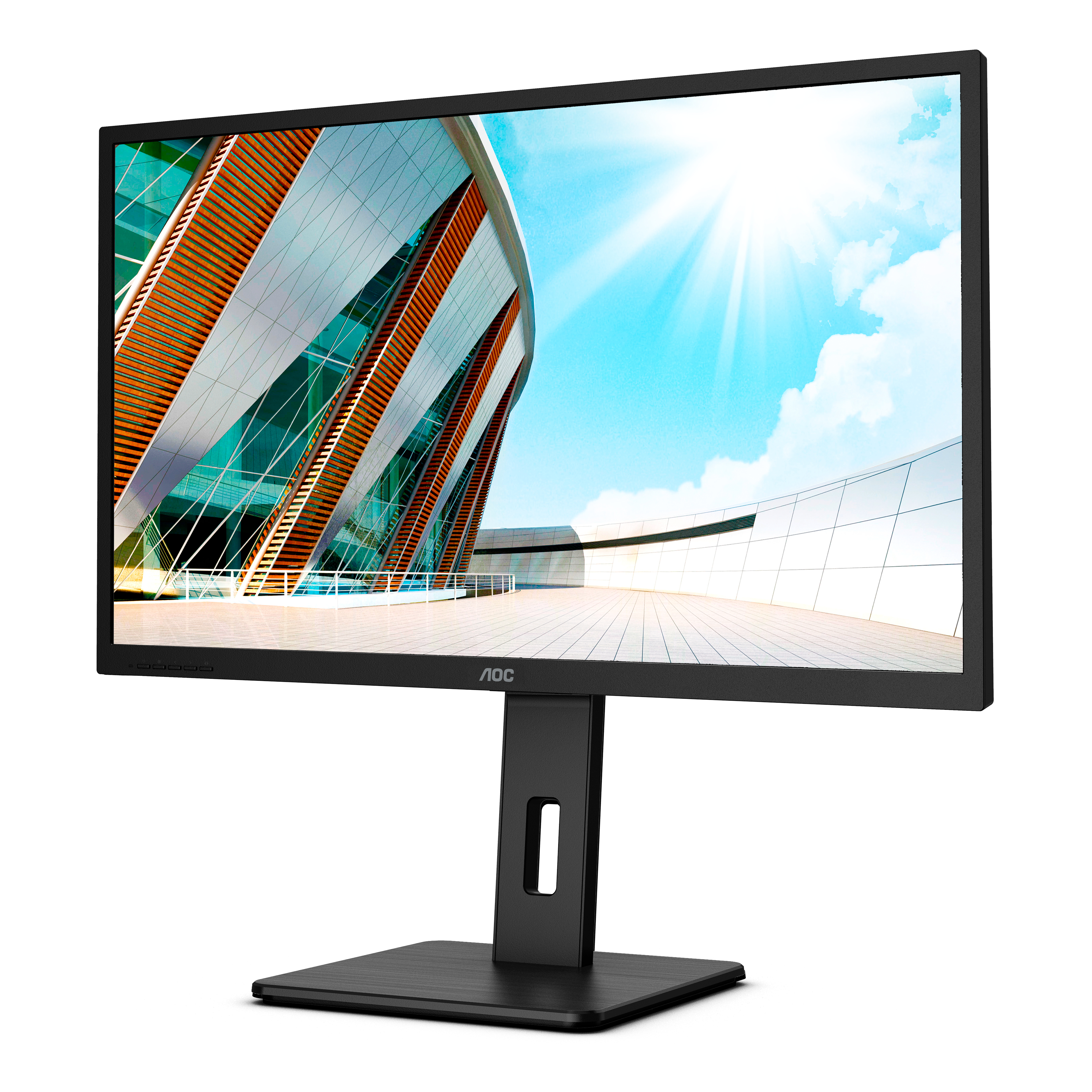 Un monitor per computer nero con un'immagine di un edificio sullo schermo e un supporto nero.