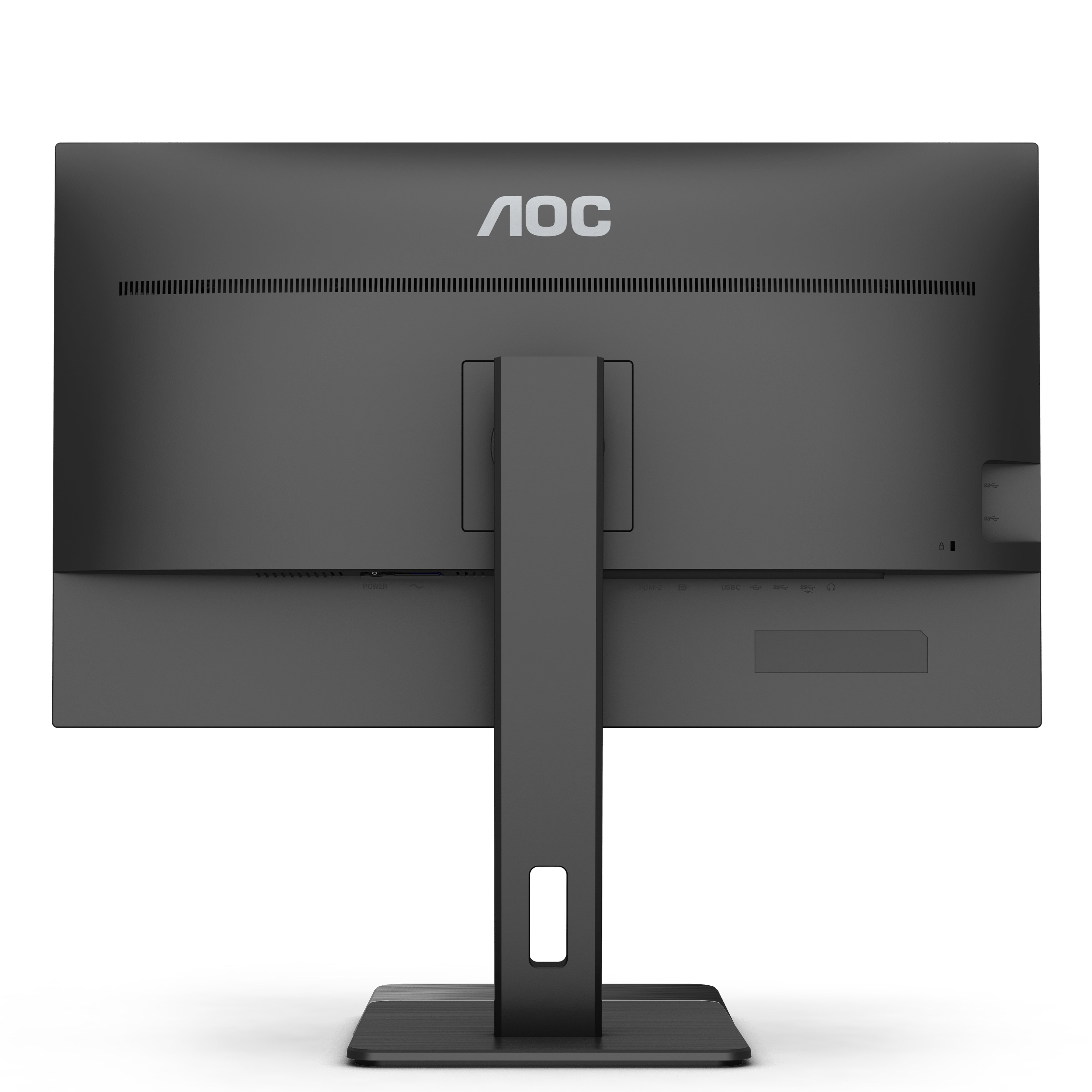 Il retro di un monitor per computer nero con il logo AOC e varie porte.