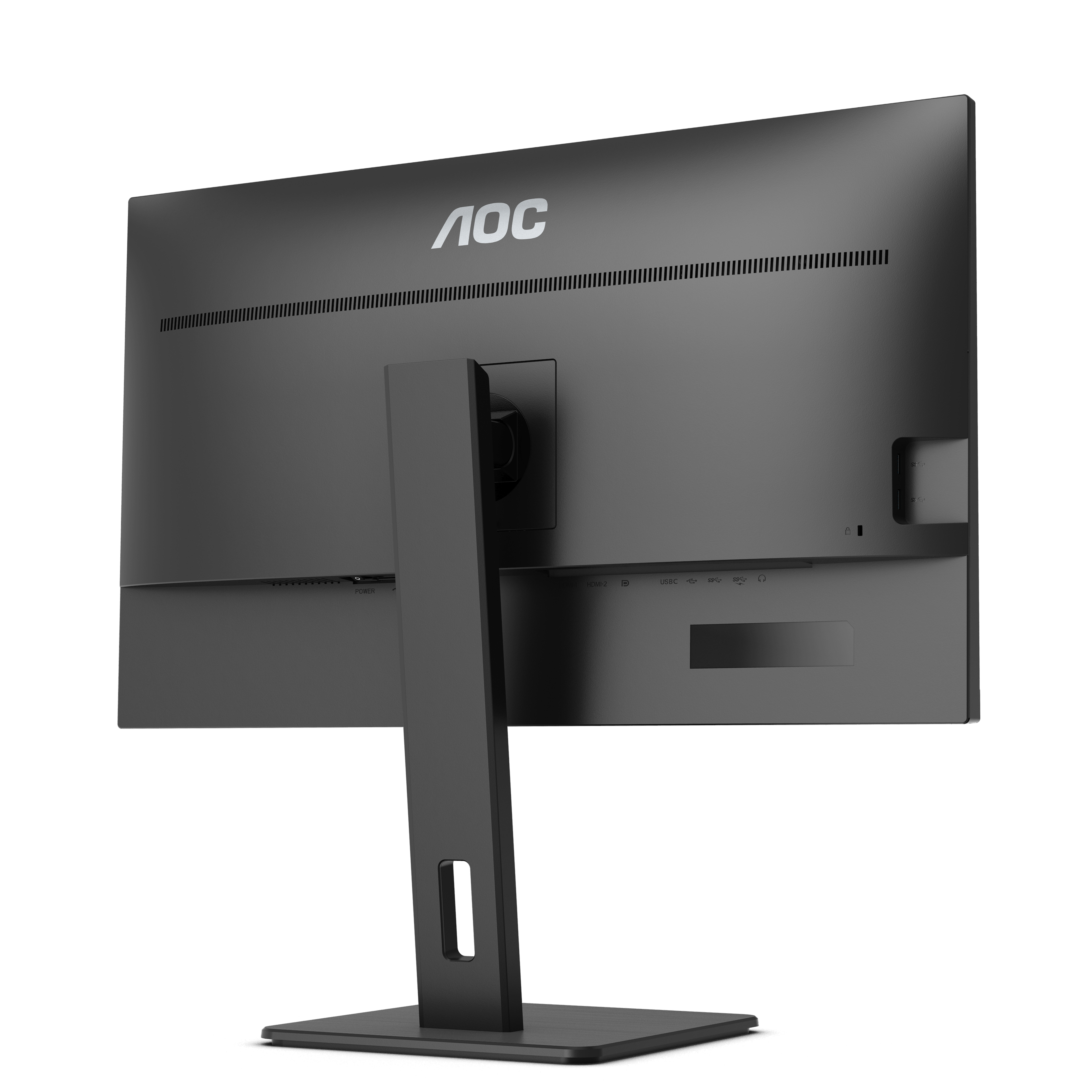 Il retro di un monitor AOC nero con supporto. Porte per varie connessioni visibili.