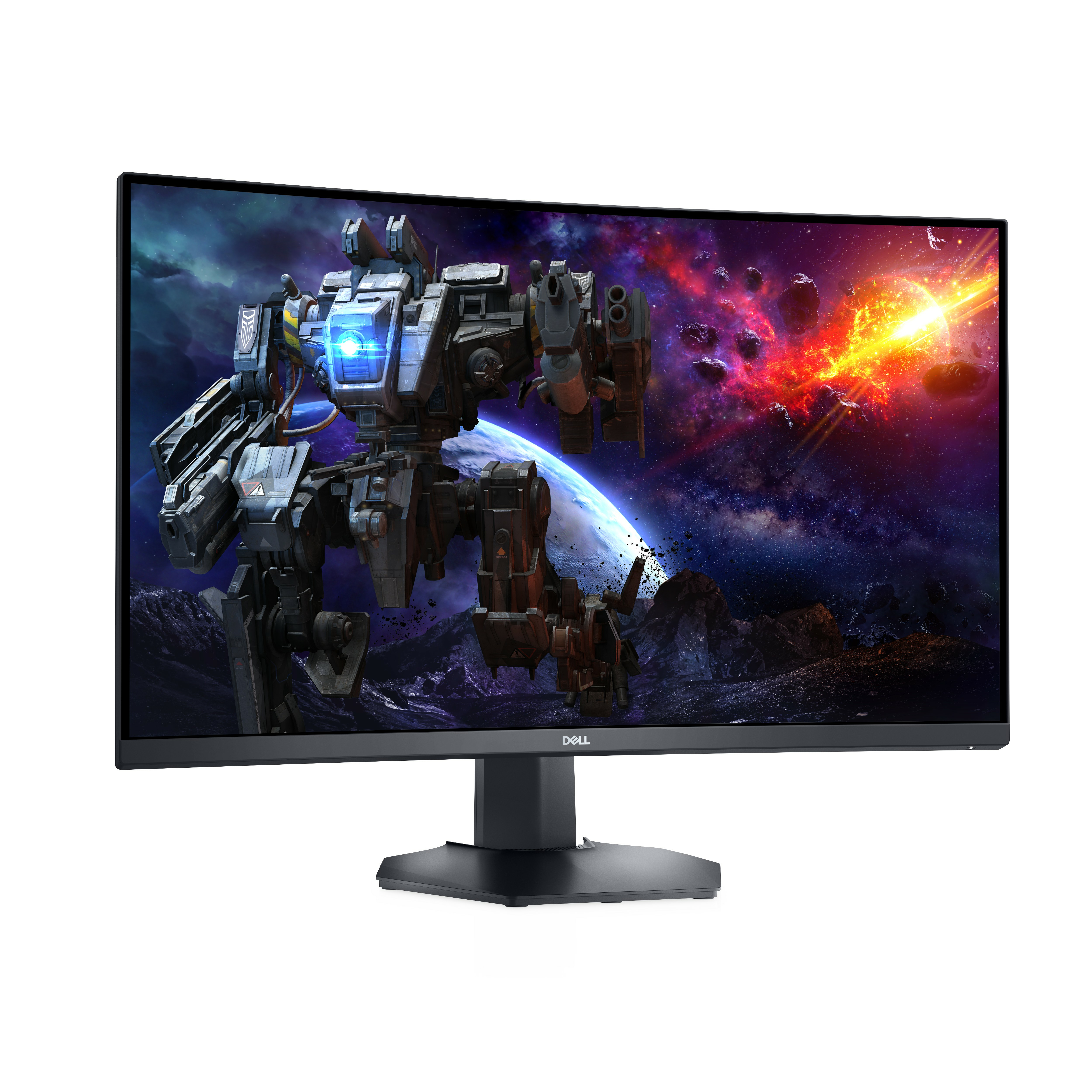 Monitor da gioco curvo. Presenta un robot e una scena spaziale sullo schermo.