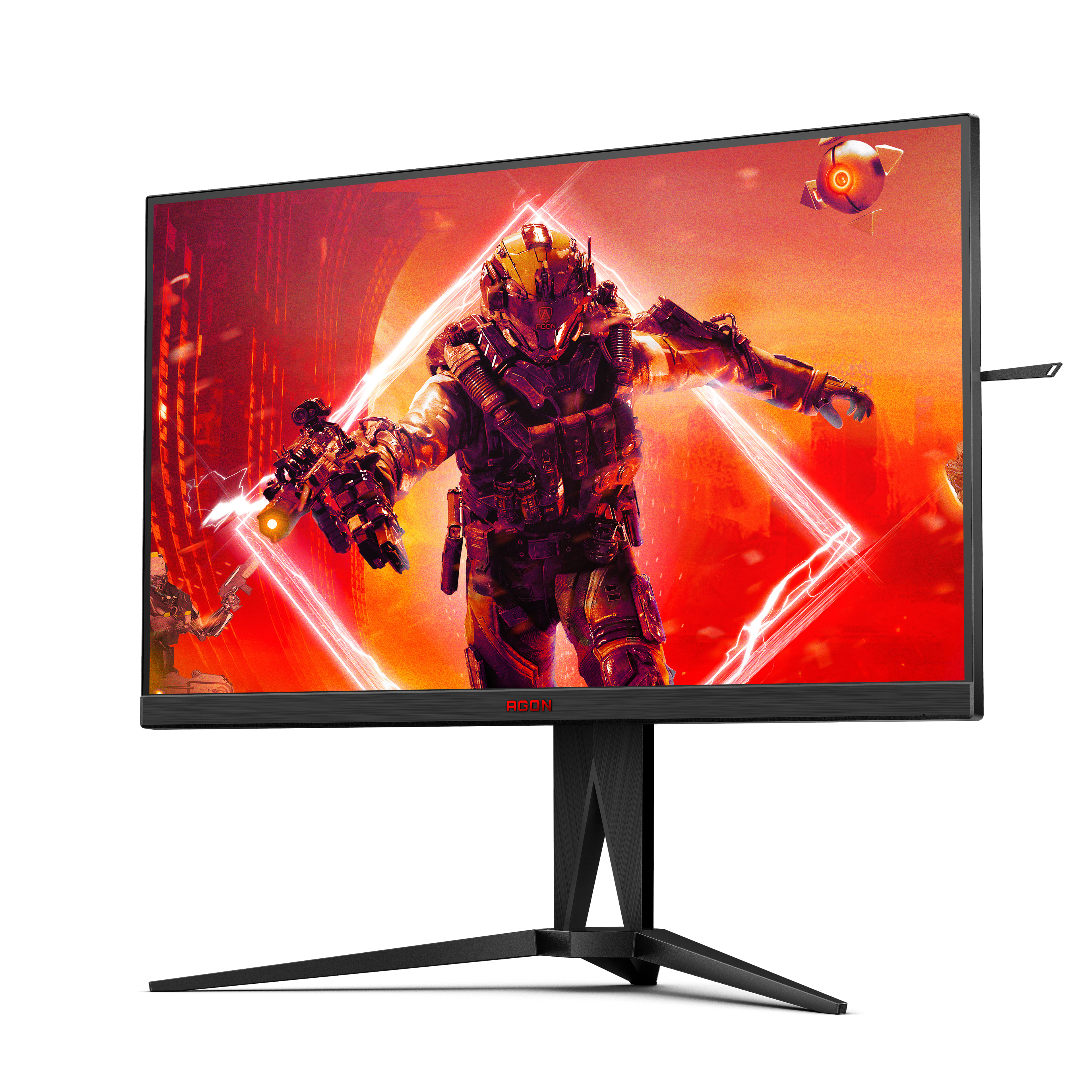 Gaming monitor toont een futuristische scène met een figuur, rode accenten en een zwarte voet.