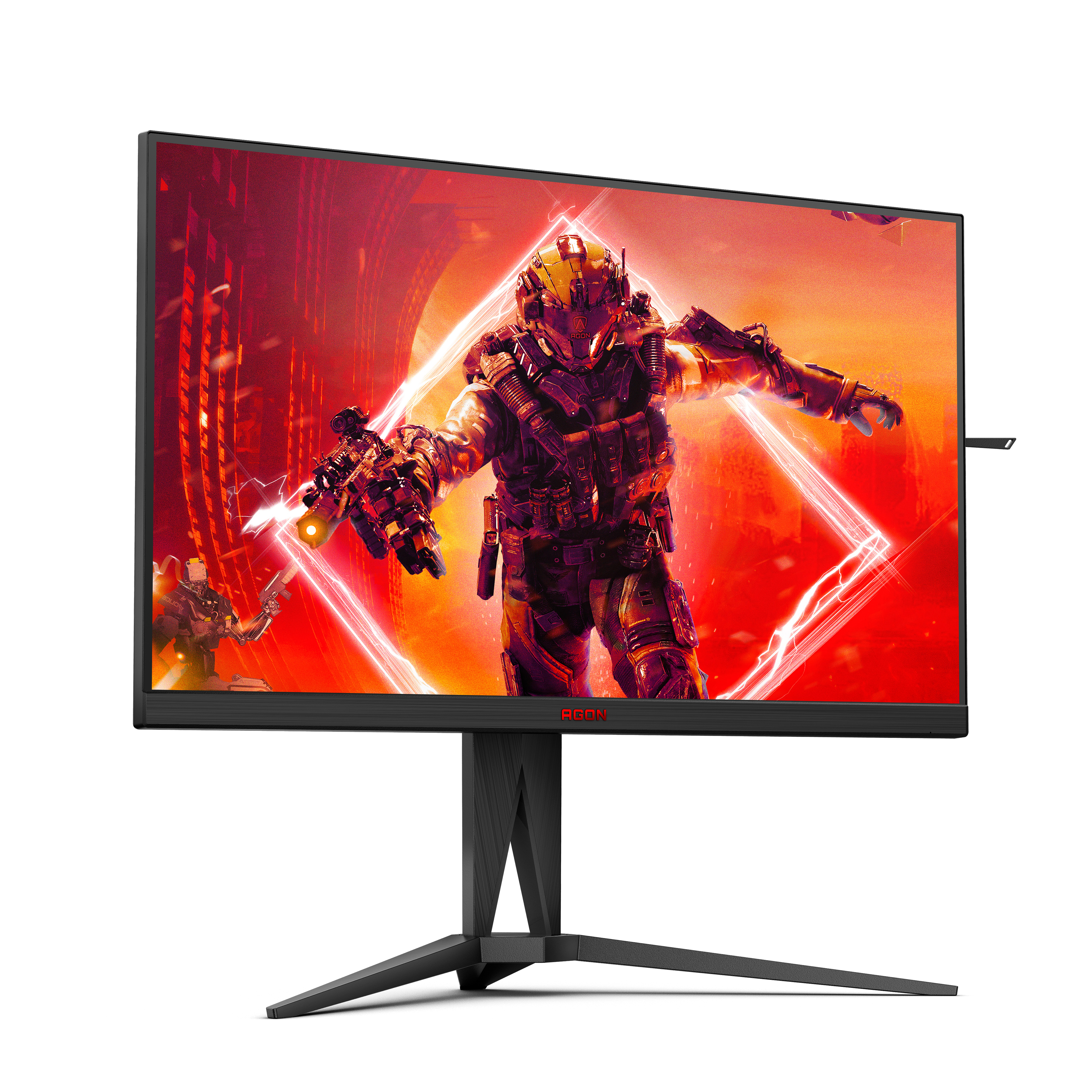 Een gaming monitor met een game-scene, gemonteerd op een zwarte standaard.
