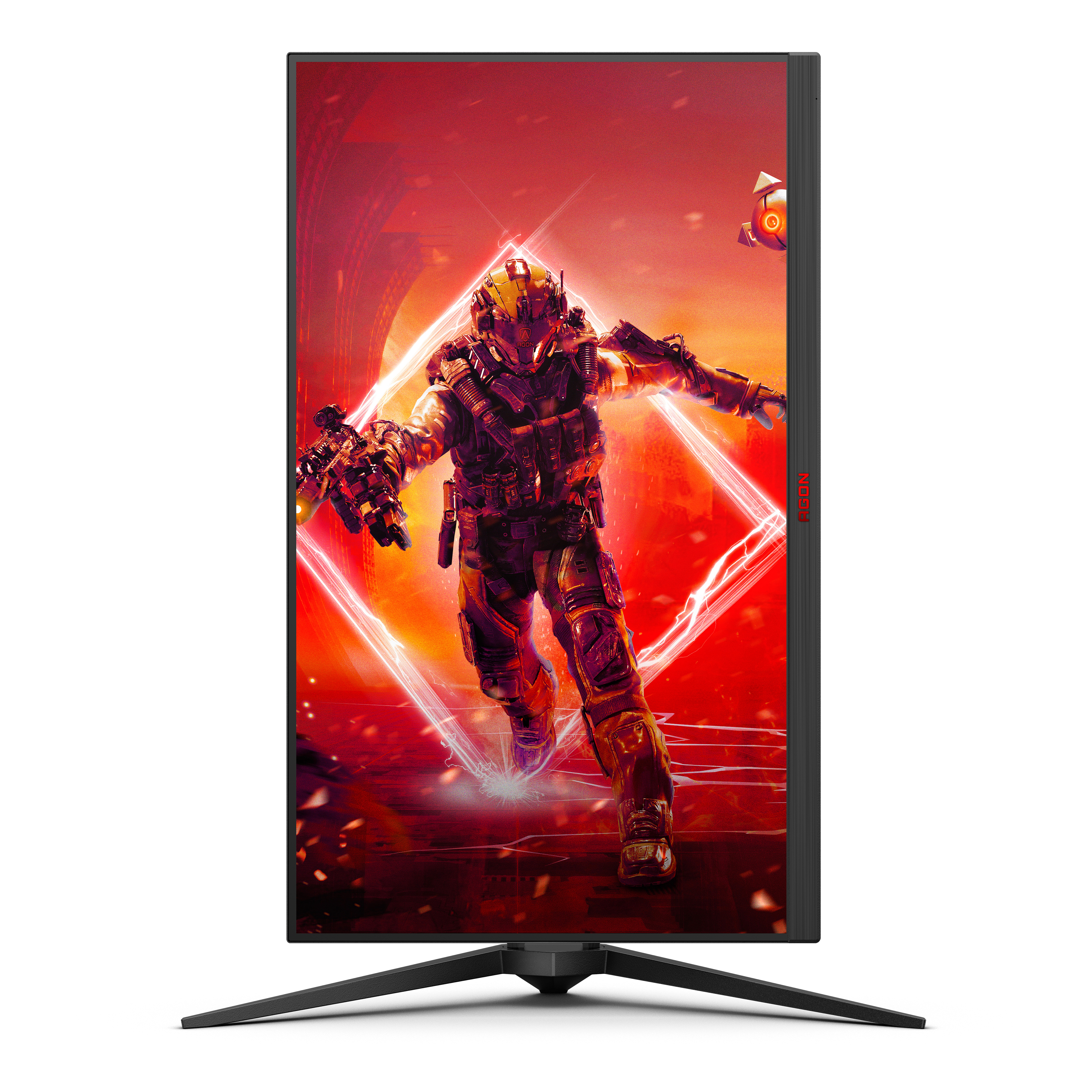 Een gamemonitor toont een soldaat in een rode omgeving met een futuristische setting.