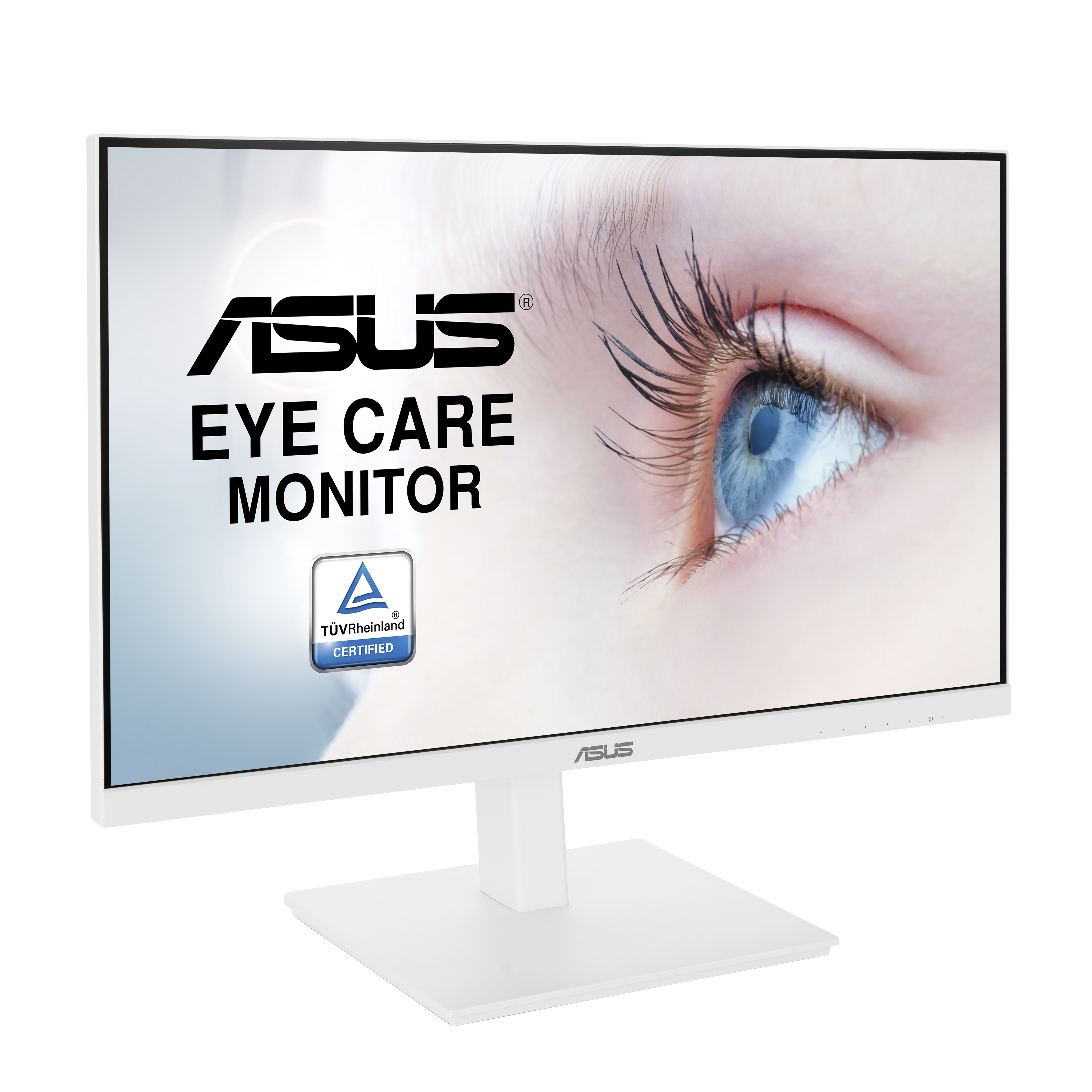 Biały monitor ASUS z okiem młodej kobiety na ekranie. Tekst mówi 'Eye Care Monitor'.