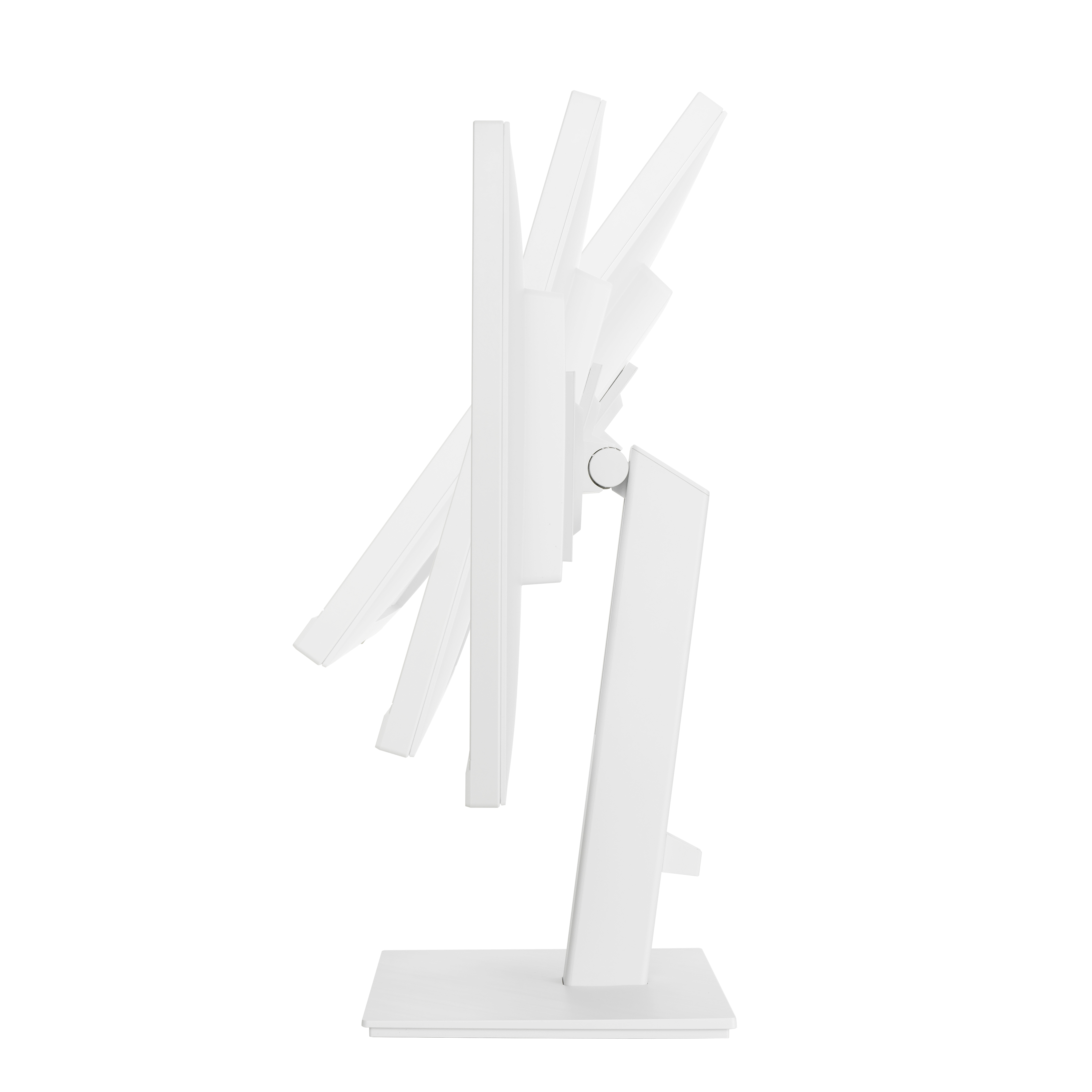 Biały monitor komputerowy, widok z boku. Ekran jest regulowany. Podstawa również jest biała.