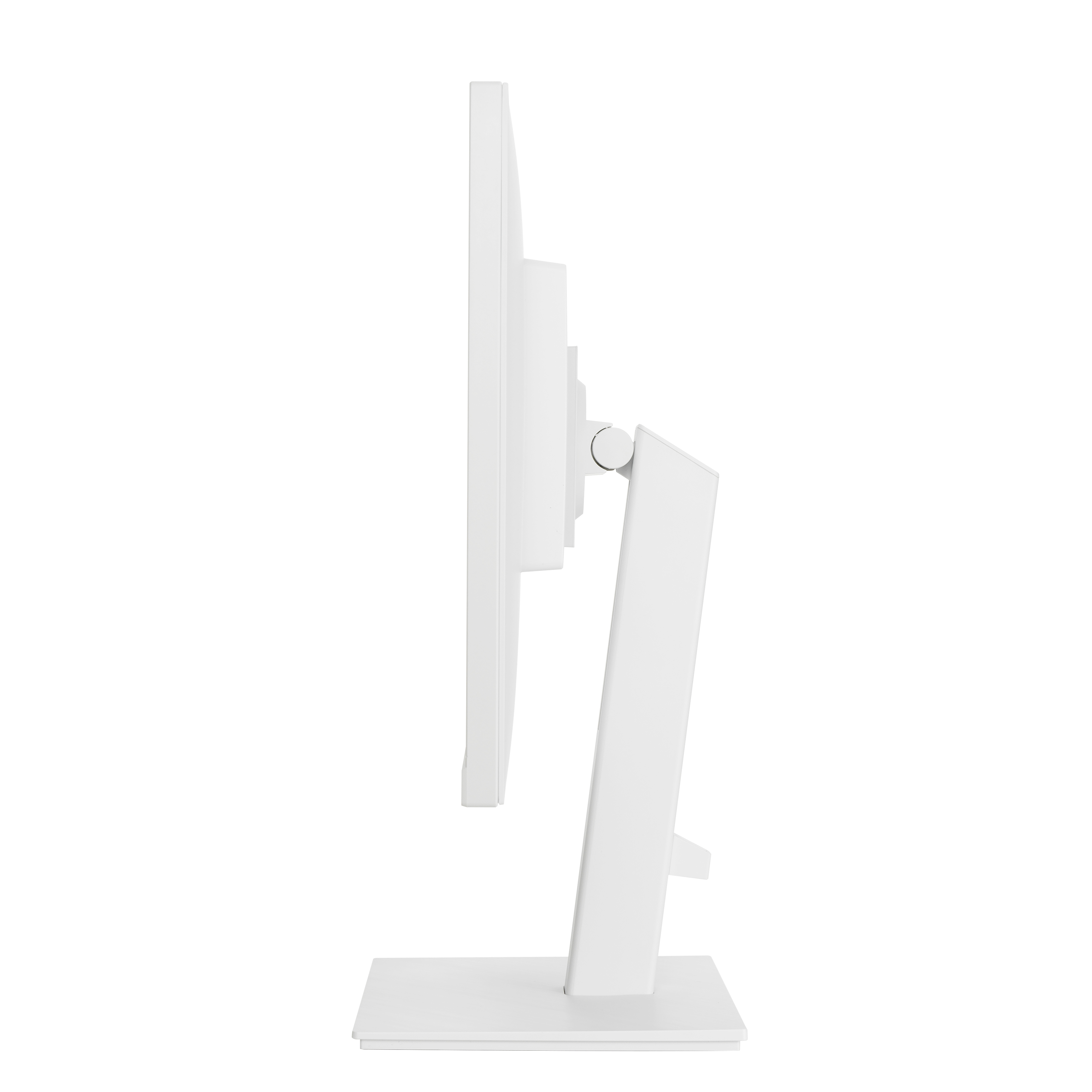 Widok z boku białego monitora na białym stojaku. Czysty i minimalistyczny design na białym tle.