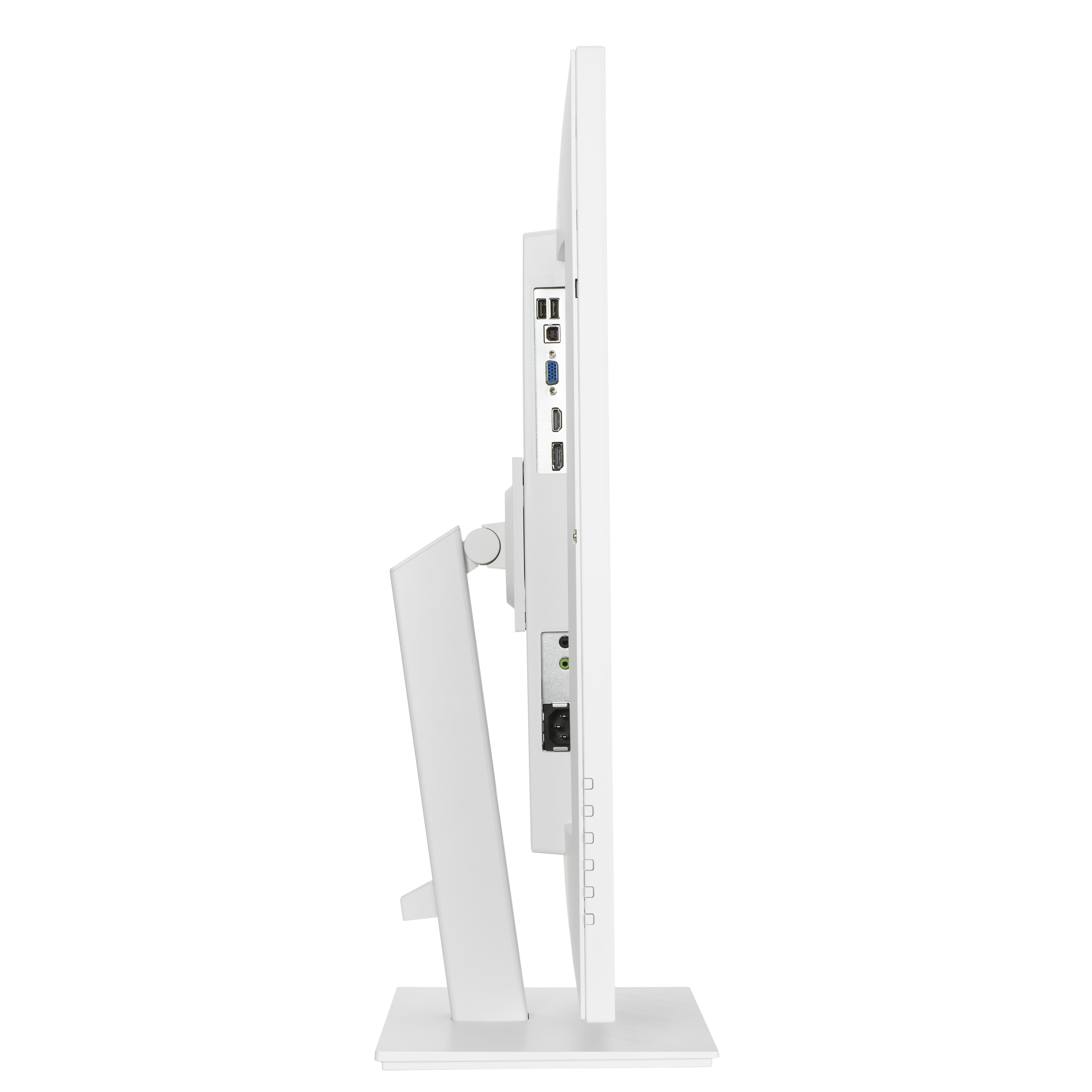 Widok z boku białego monitora komputera na białej podstawie, z widocznymi portami z boku.