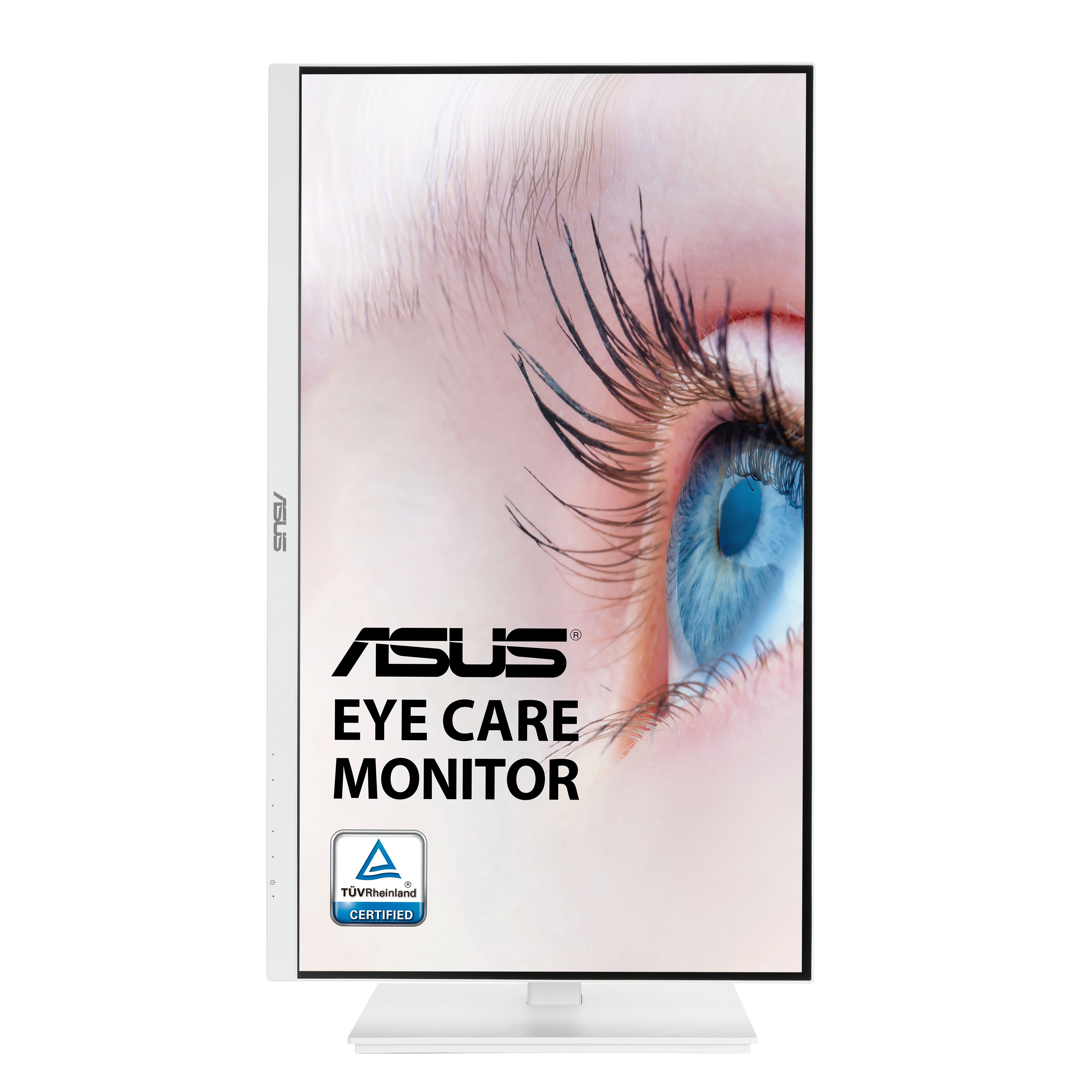 Biały monitor komputerowy z logo ASUS. Ekran pokazuje oko i tekst 'Eye Care Monitor'.