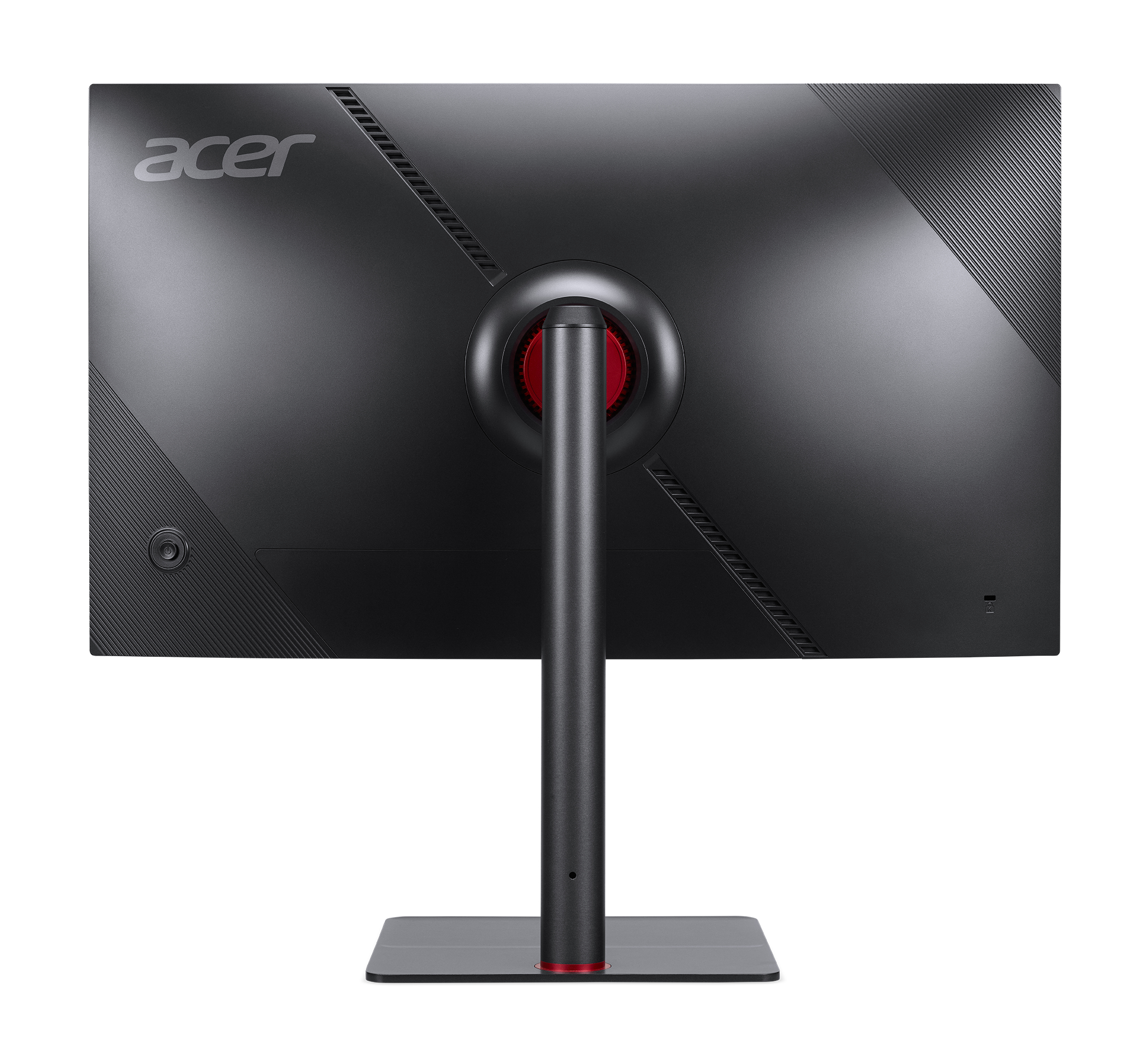 Parte trasera de un monitor Acer negro sobre un soporte. Se ven detalles rojos.